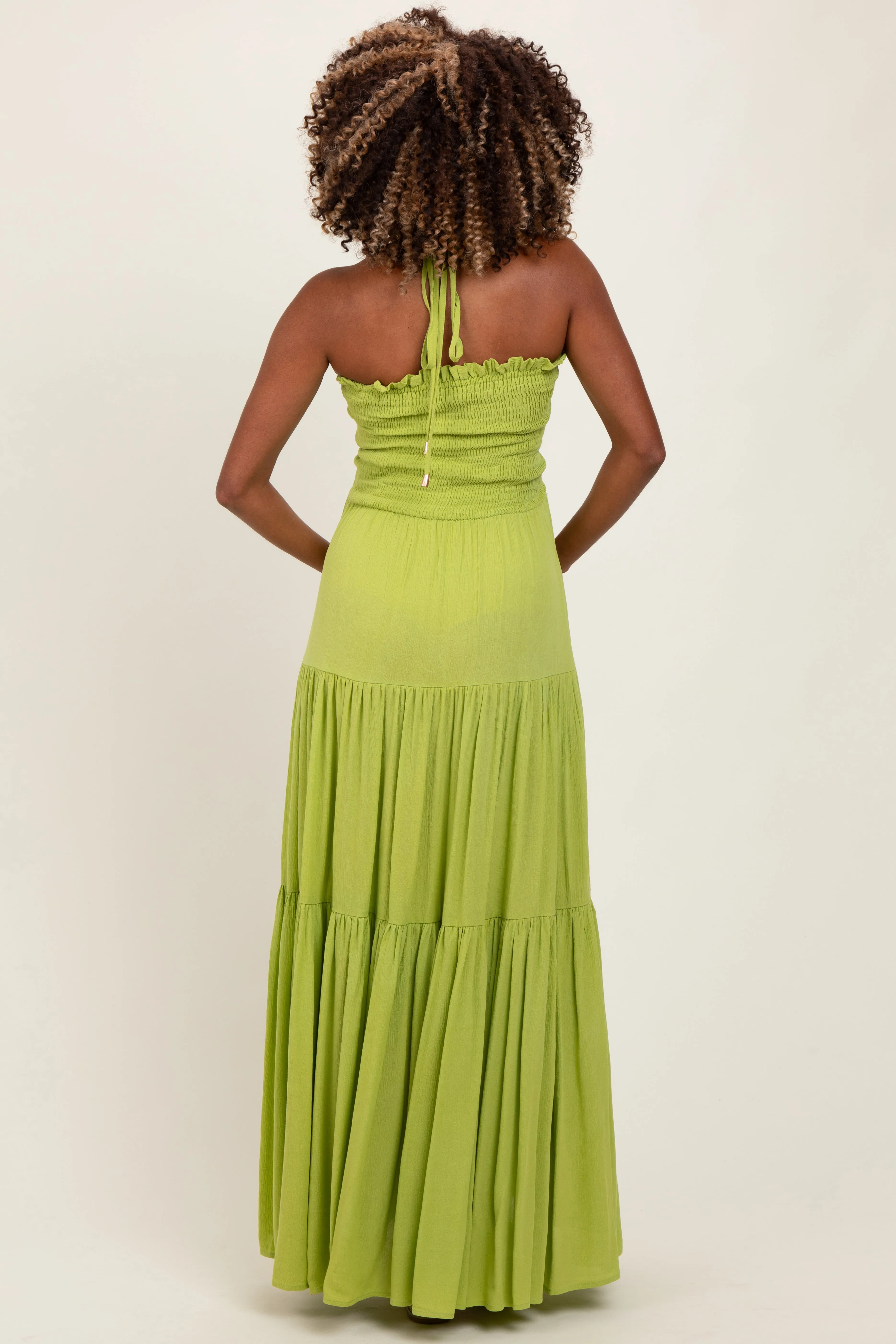 Lime Smocked Halter Tiered Maternity Maxi Dress sold by Pinkblush product image thumbnail 3