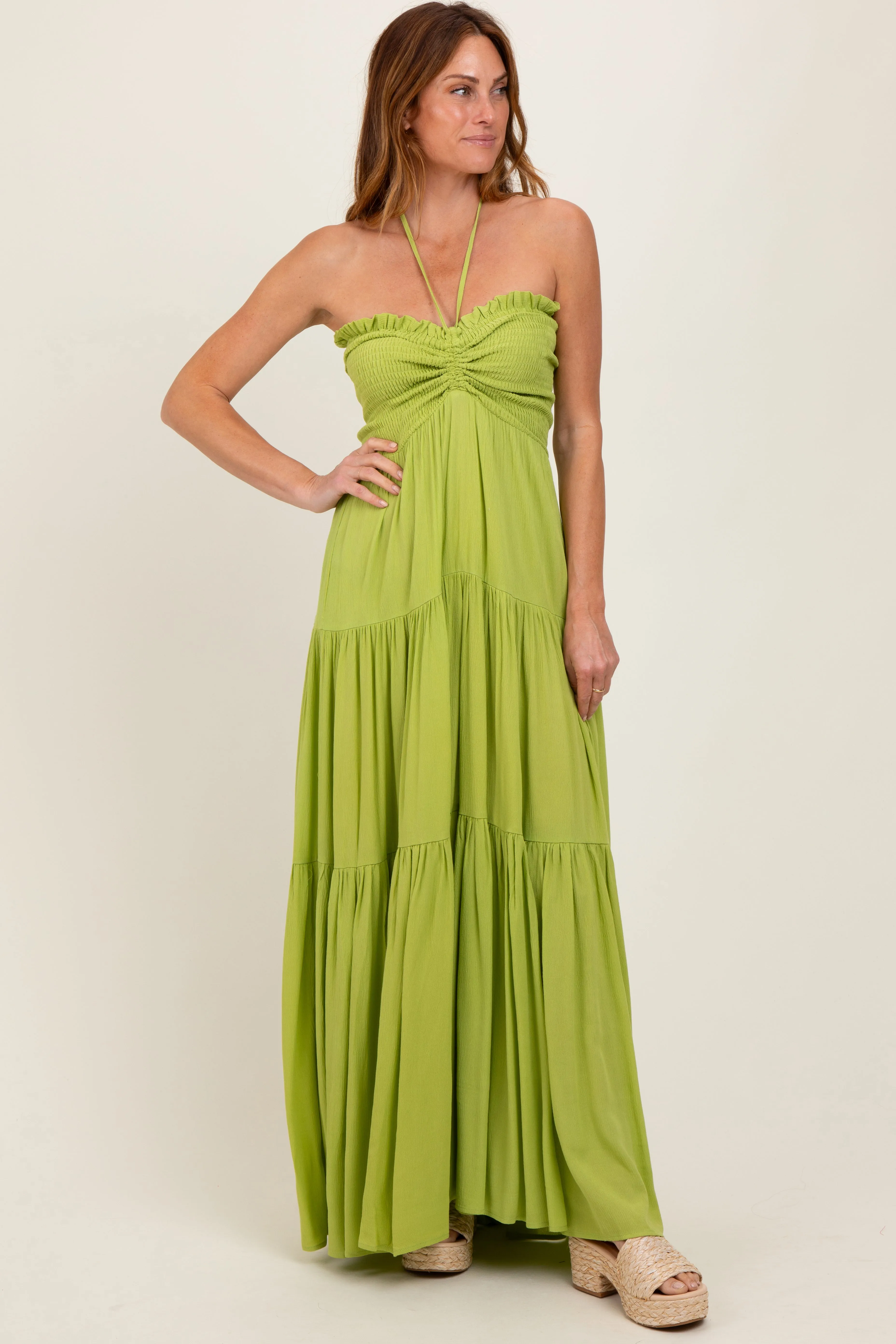 Lime Smocked Halter Tiered Maternity Maxi Dress sold by Pinkblush product image thumbnail 4