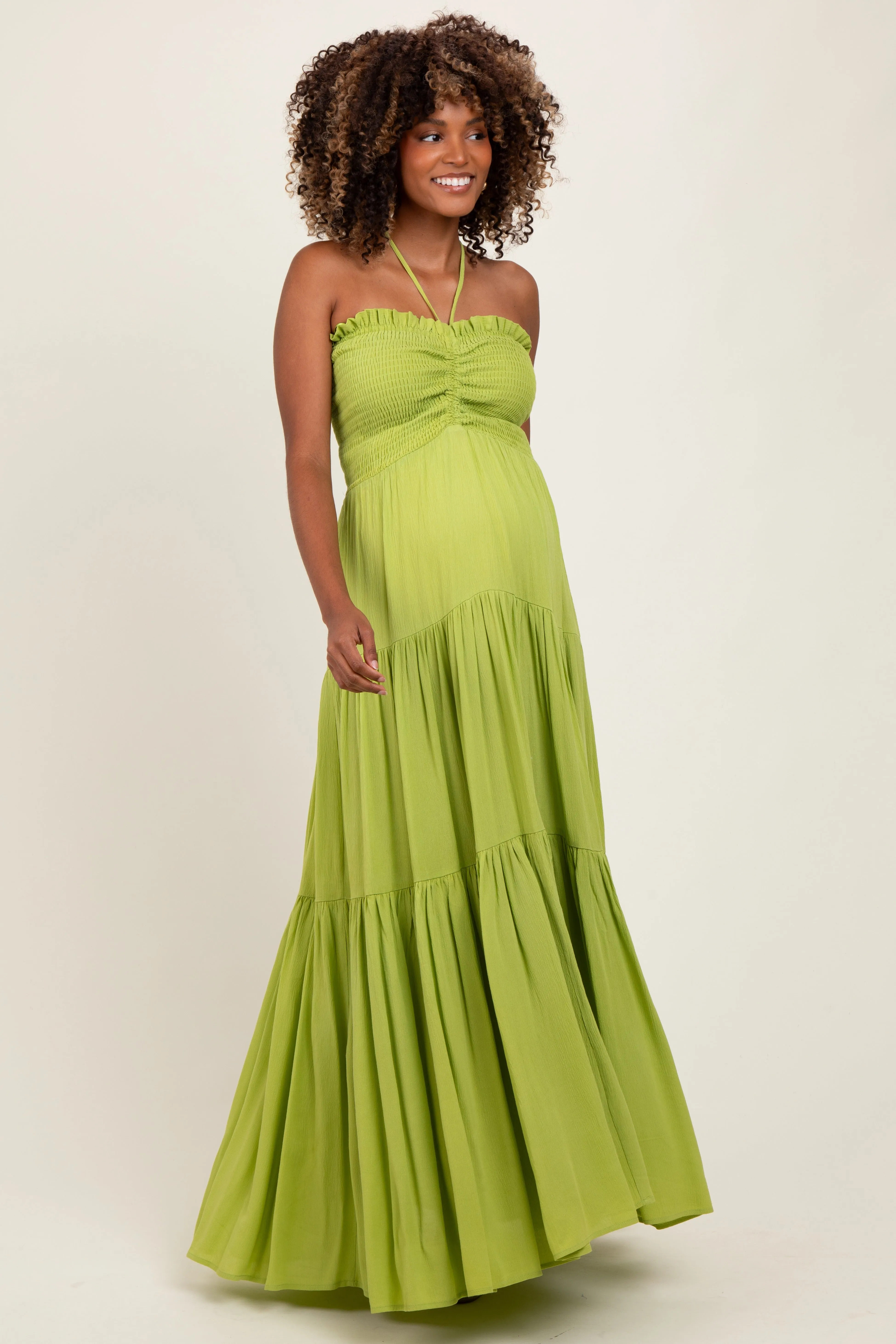 Lime Smocked Halter Tiered Maternity Maxi Dress sold by Pinkblush
