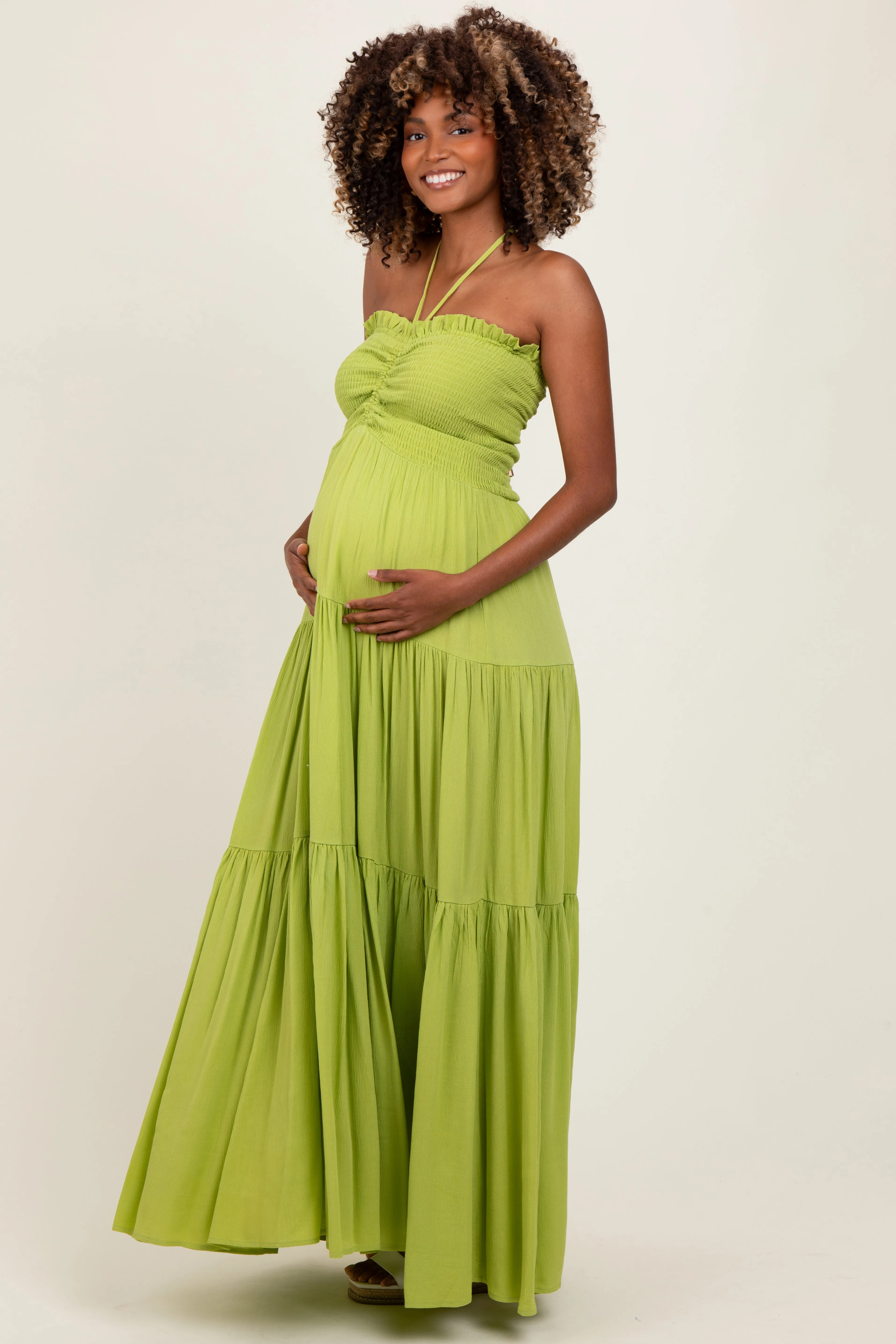 Lime Smocked Halter Tiered Maternity Maxi Dress sold by Pinkblush product image thumbnail 2
