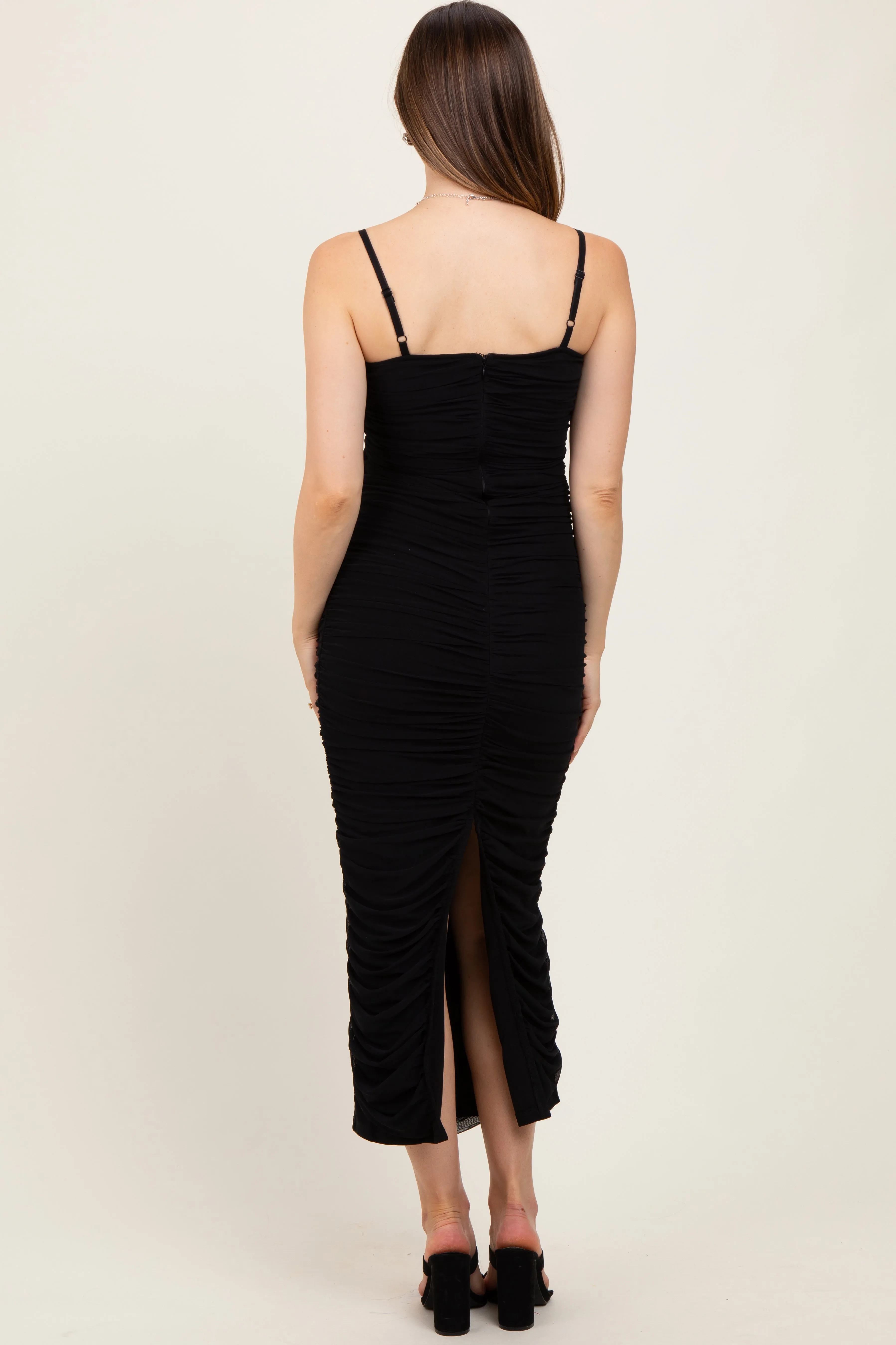 Black Mesh Ruched Fitted Maternity Midi Dress sold by Pinkblush product image thumbnail 4