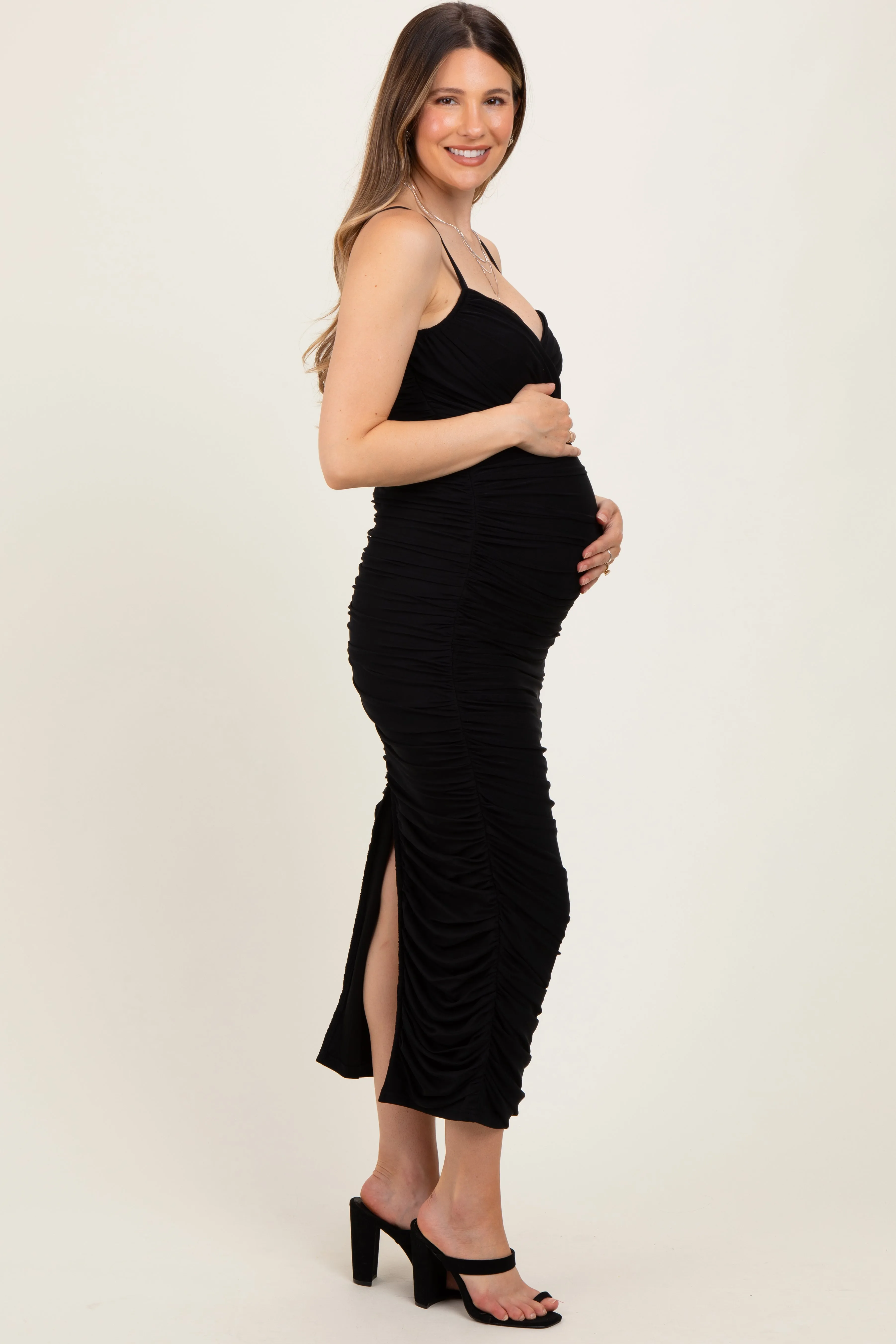 Black Mesh Ruched Fitted Maternity Midi Dress sold by Pinkblush product image thumbnail 3