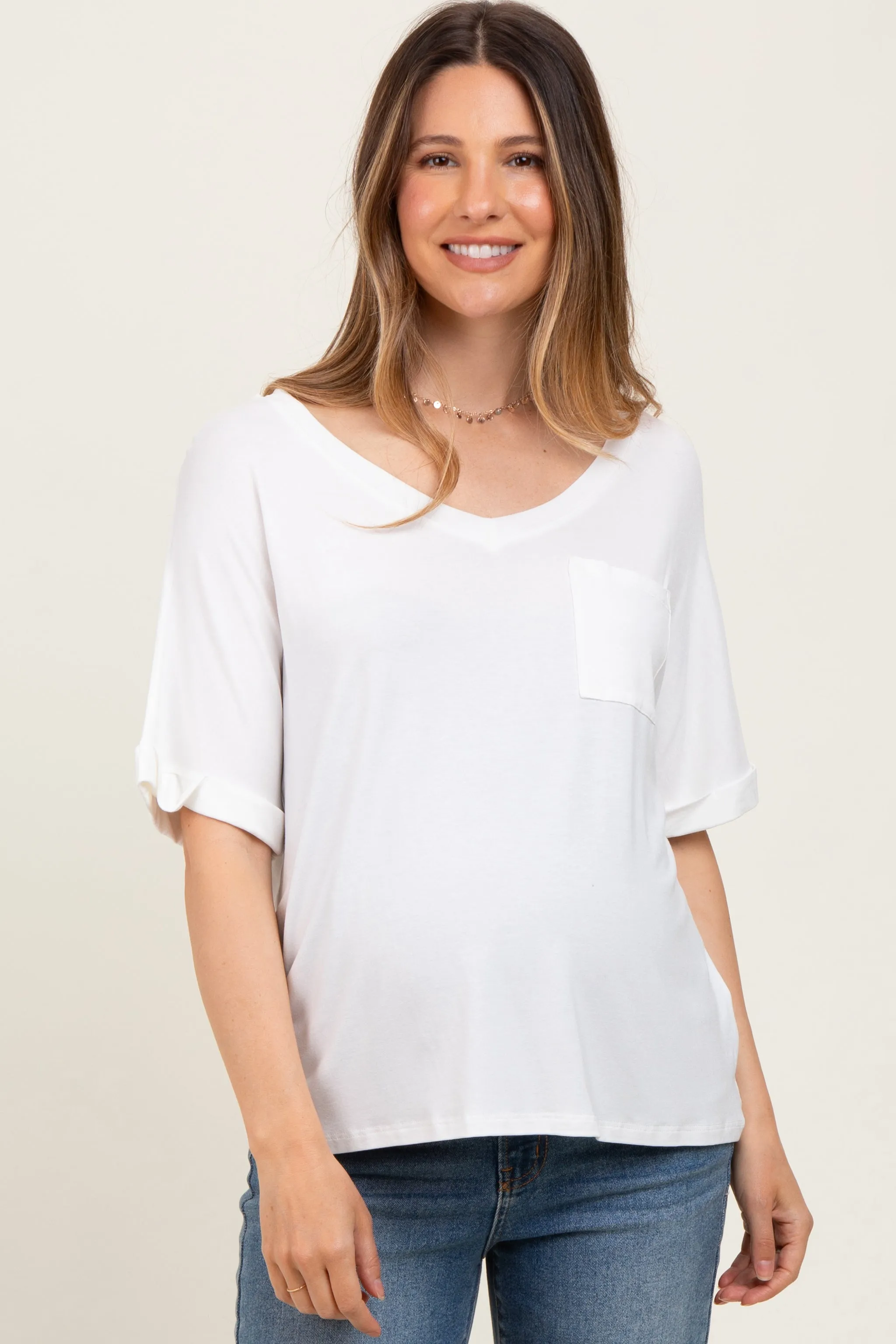 White Oversized V-Neck Front Pocket Maternity T-Shirt sold by Pinkblush