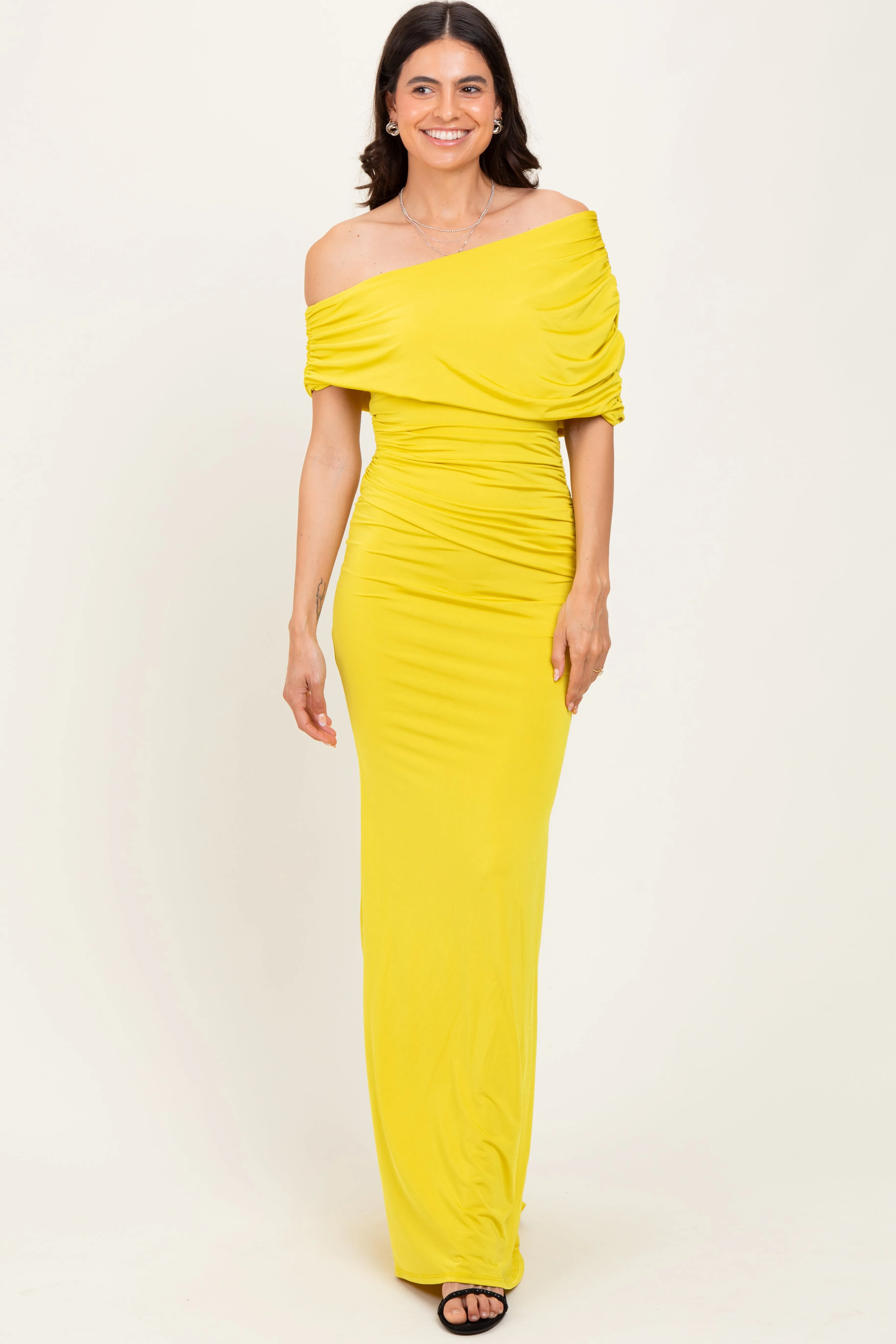 Lime Off Shoulder Foldover Ruched Maternity Maxi Dress sold by Pinkblush product image thumbnail 3