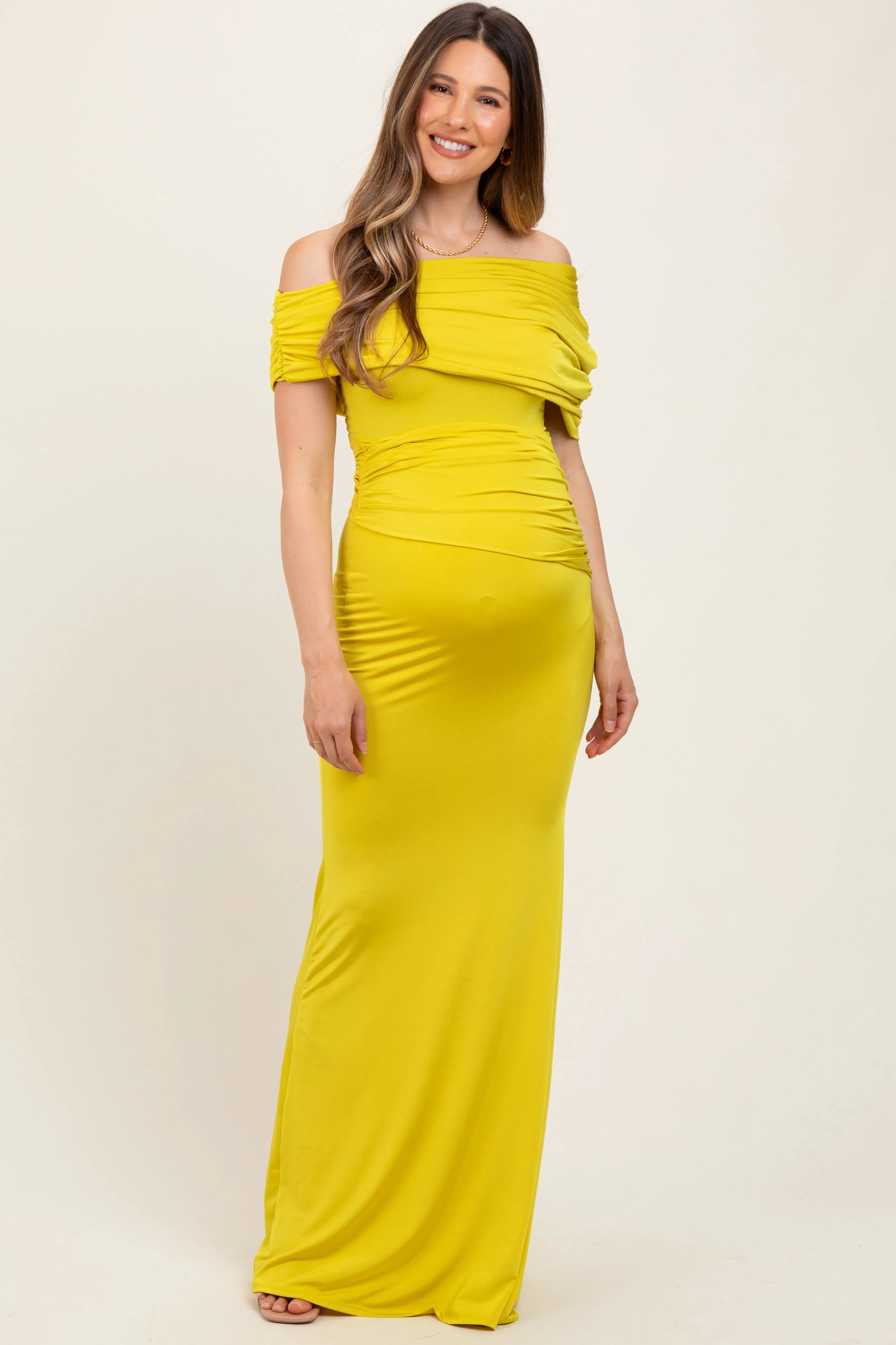 Lime Off Shoulder Foldover Ruched Maternity Maxi Dress sold by Pinkblush