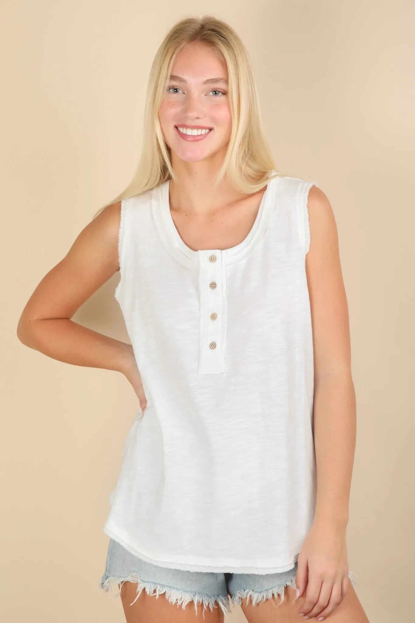 White Raw Hem Button Detail Sleeveless Top sold by Pinkblush