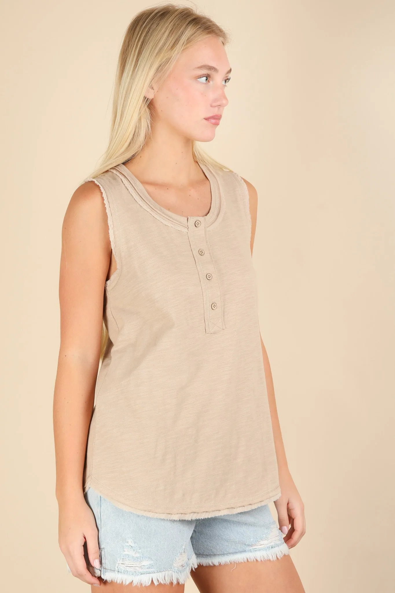 Beige Raw Hem Button Detail Sleeveless Top sold by Pinkblush product image thumbnail 2