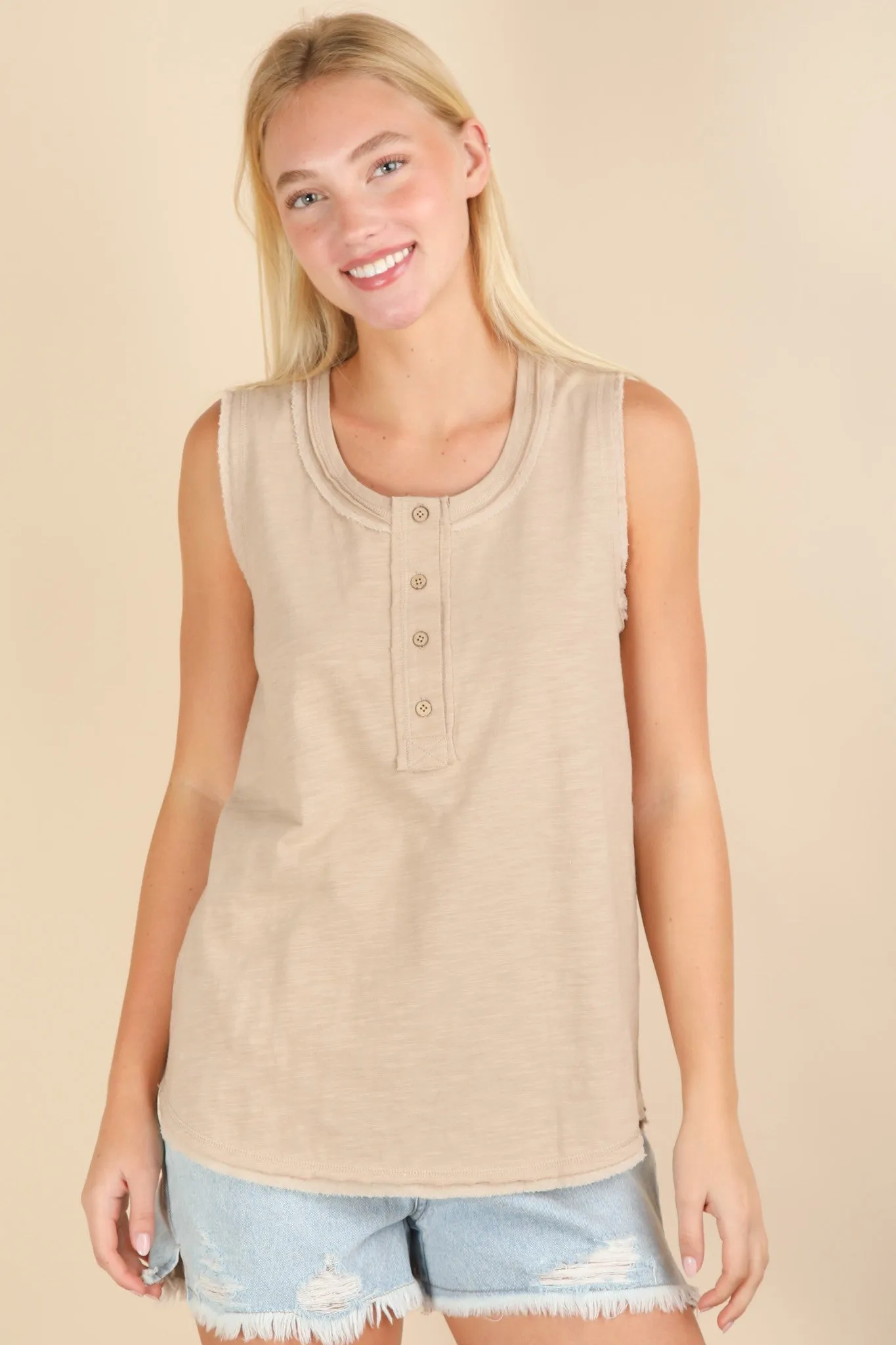 Beige Raw Hem Button Detail Sleeveless Top sold by Pinkblush