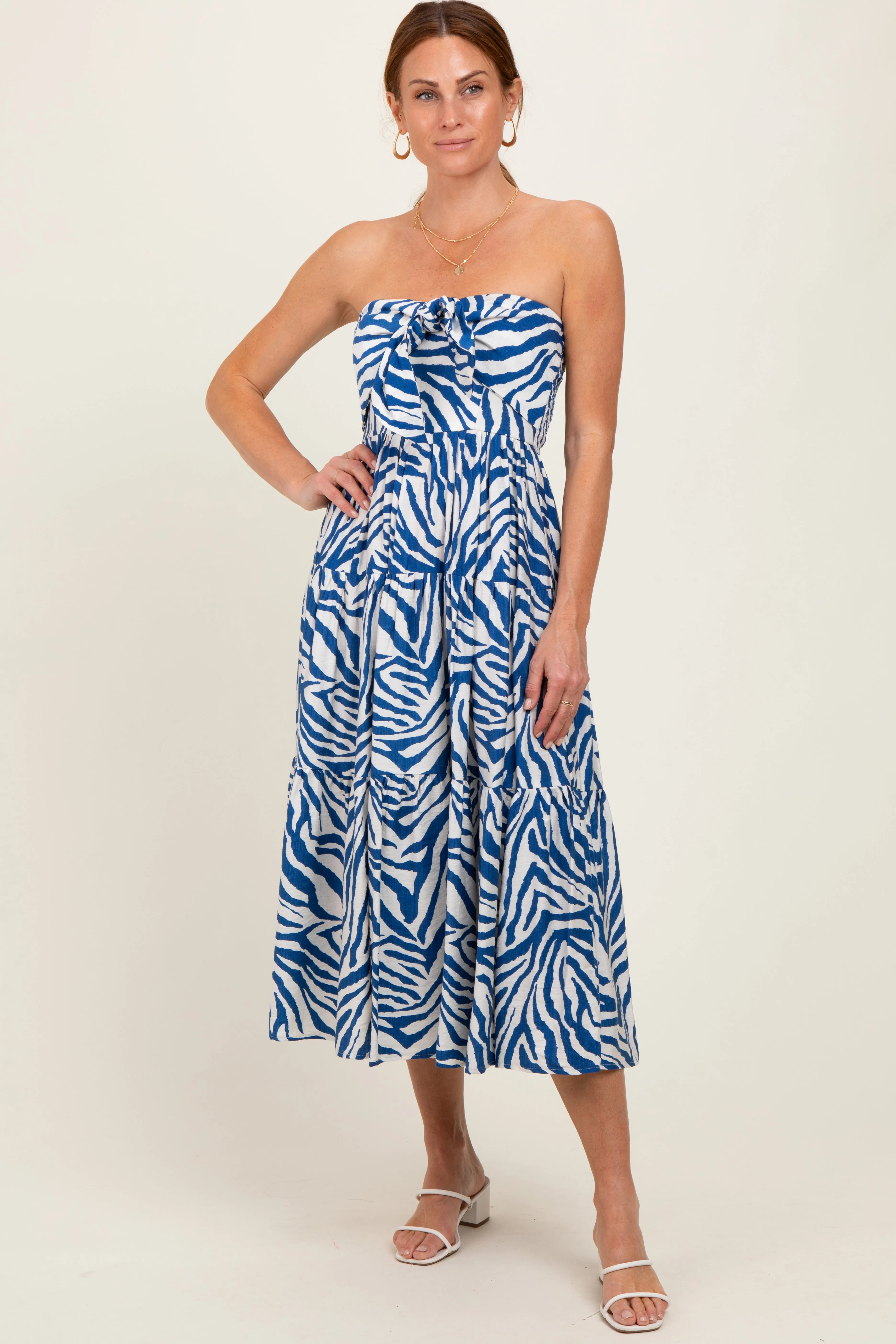 Royal Blue Animal Print Front Tie Strapless Maternity Midi Dress sold by Pinkblush product image thumbnail 4