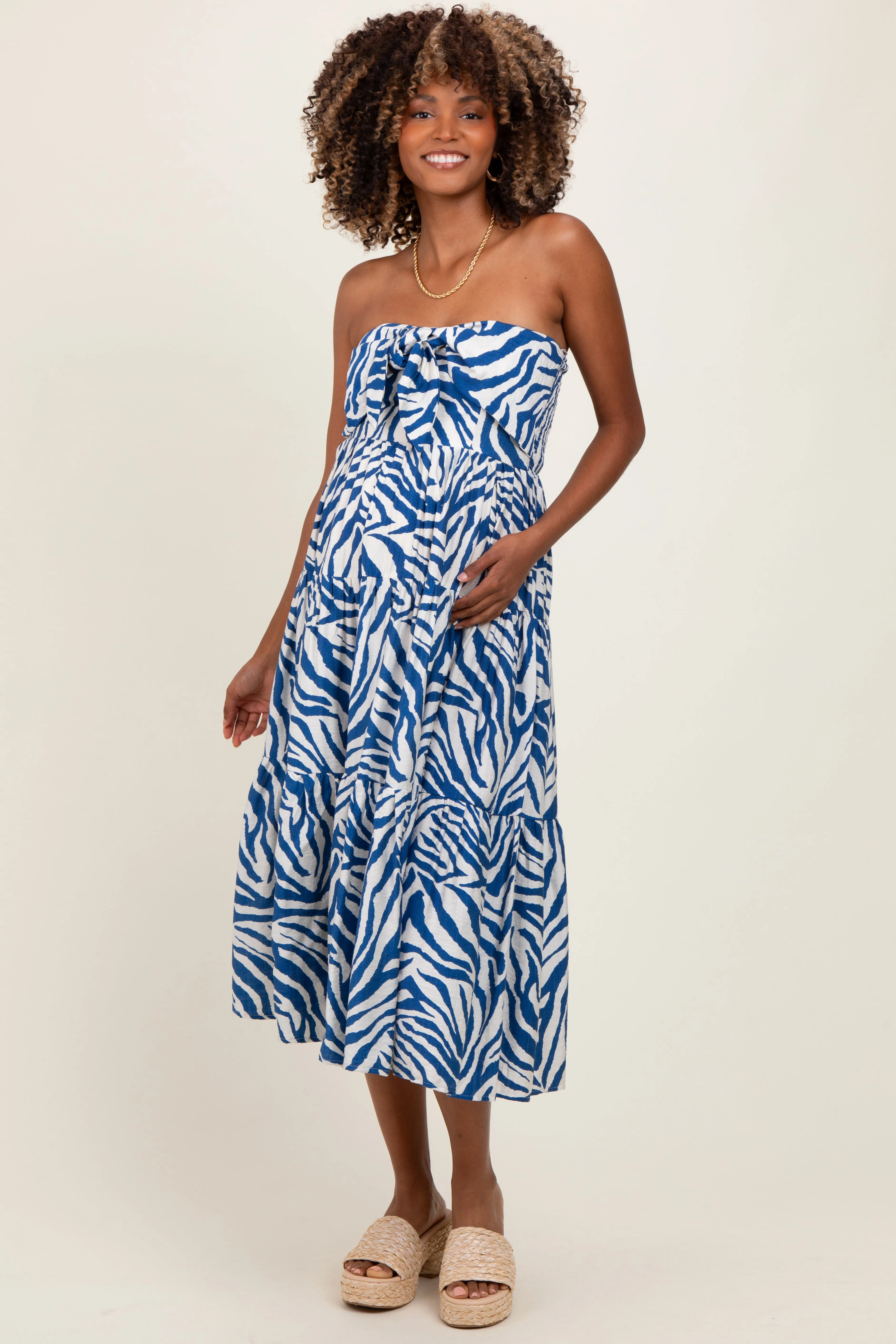 Royal Blue Animal Print Front Tie Strapless Maternity Midi Dress sold by Pinkblush