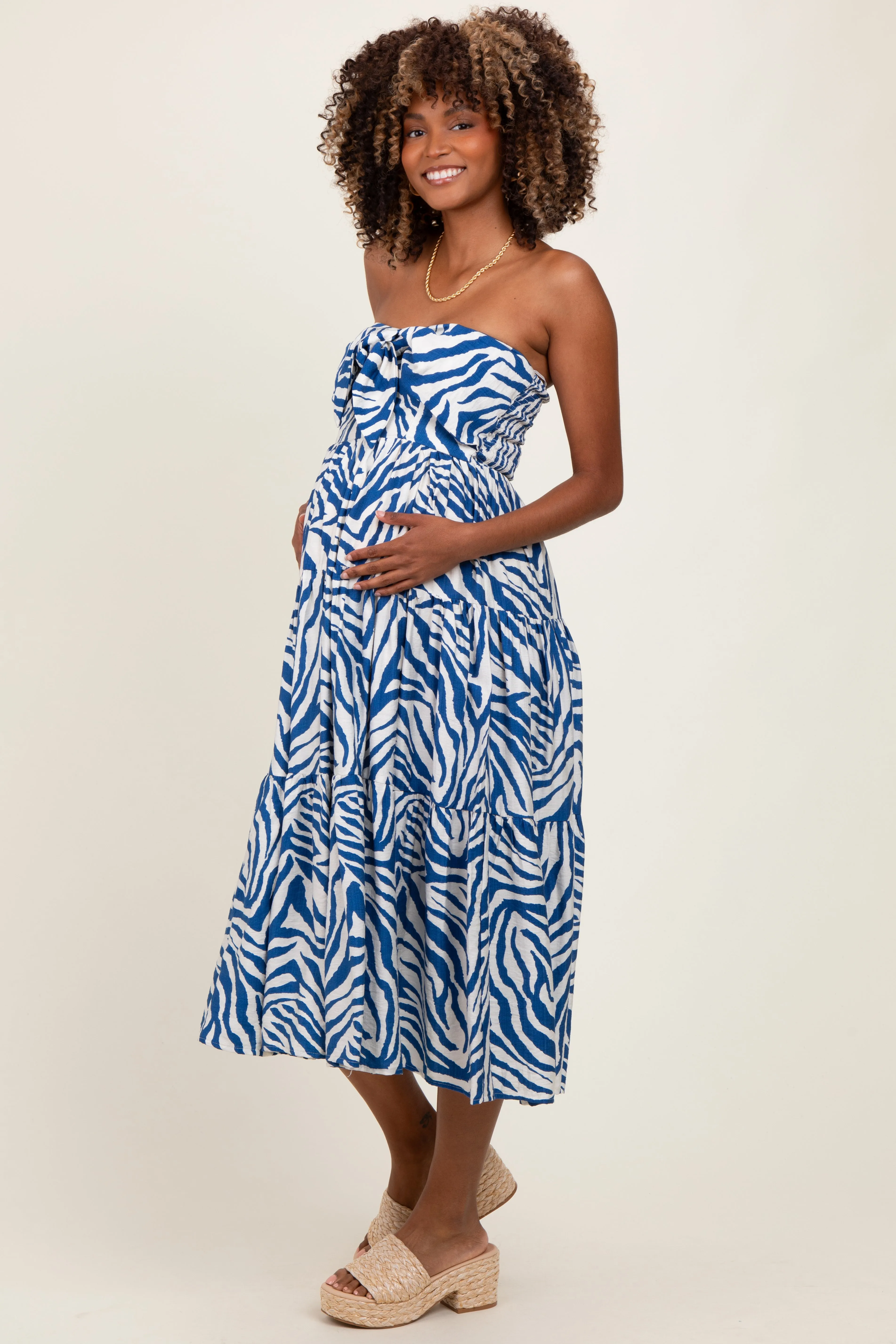 Royal Blue Animal Print Front Tie Strapless Maternity Midi Dress sold by Pinkblush product image thumbnail 2