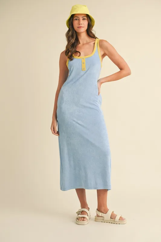 Light Blue Contrast Trim Terry Knit Sleeveless Dress sold by Pinkblush