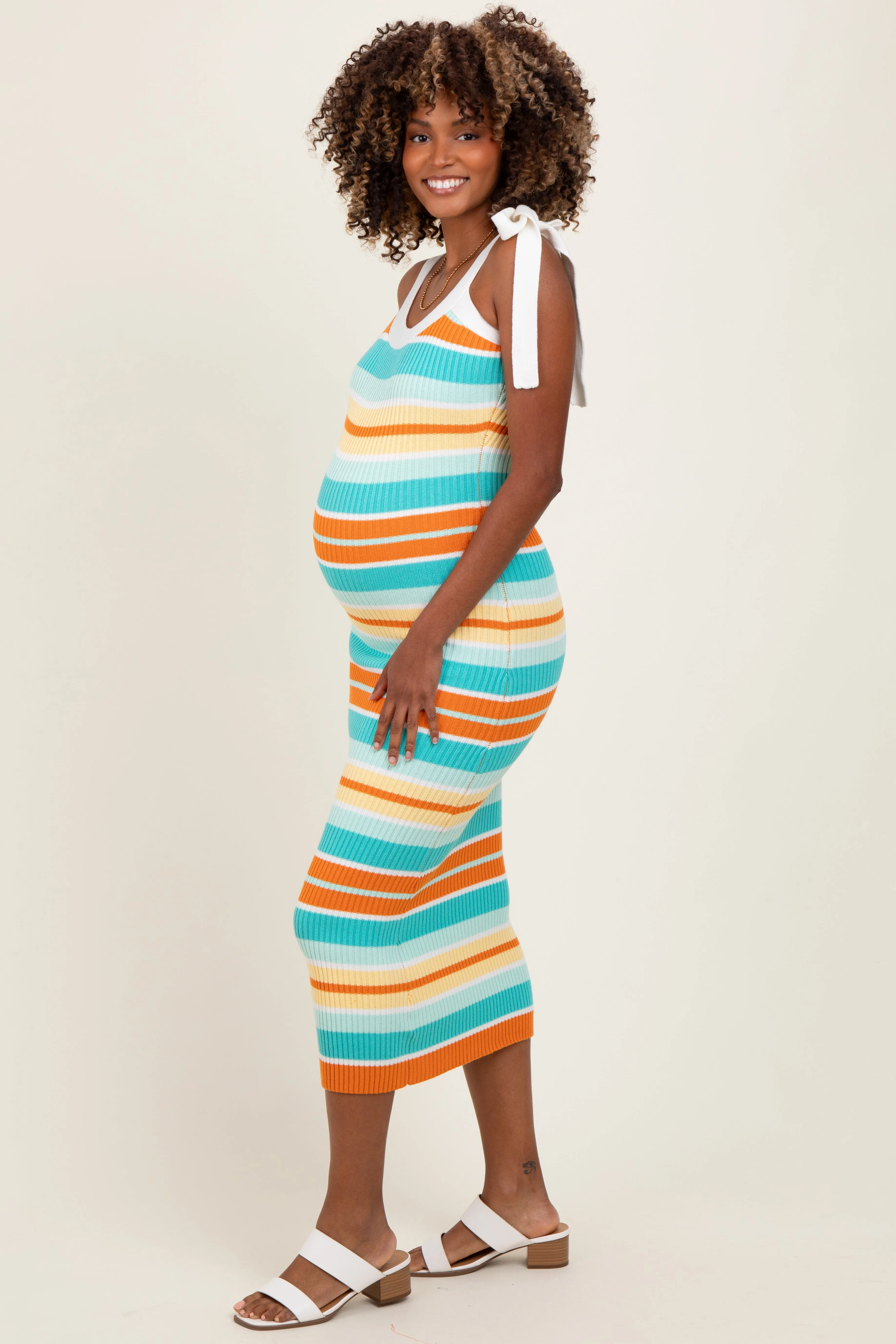 Light Teal Colorblock Stripe Shoulder Tie Maternity Midi Dress sold by Pinkblush product image thumbnail 2