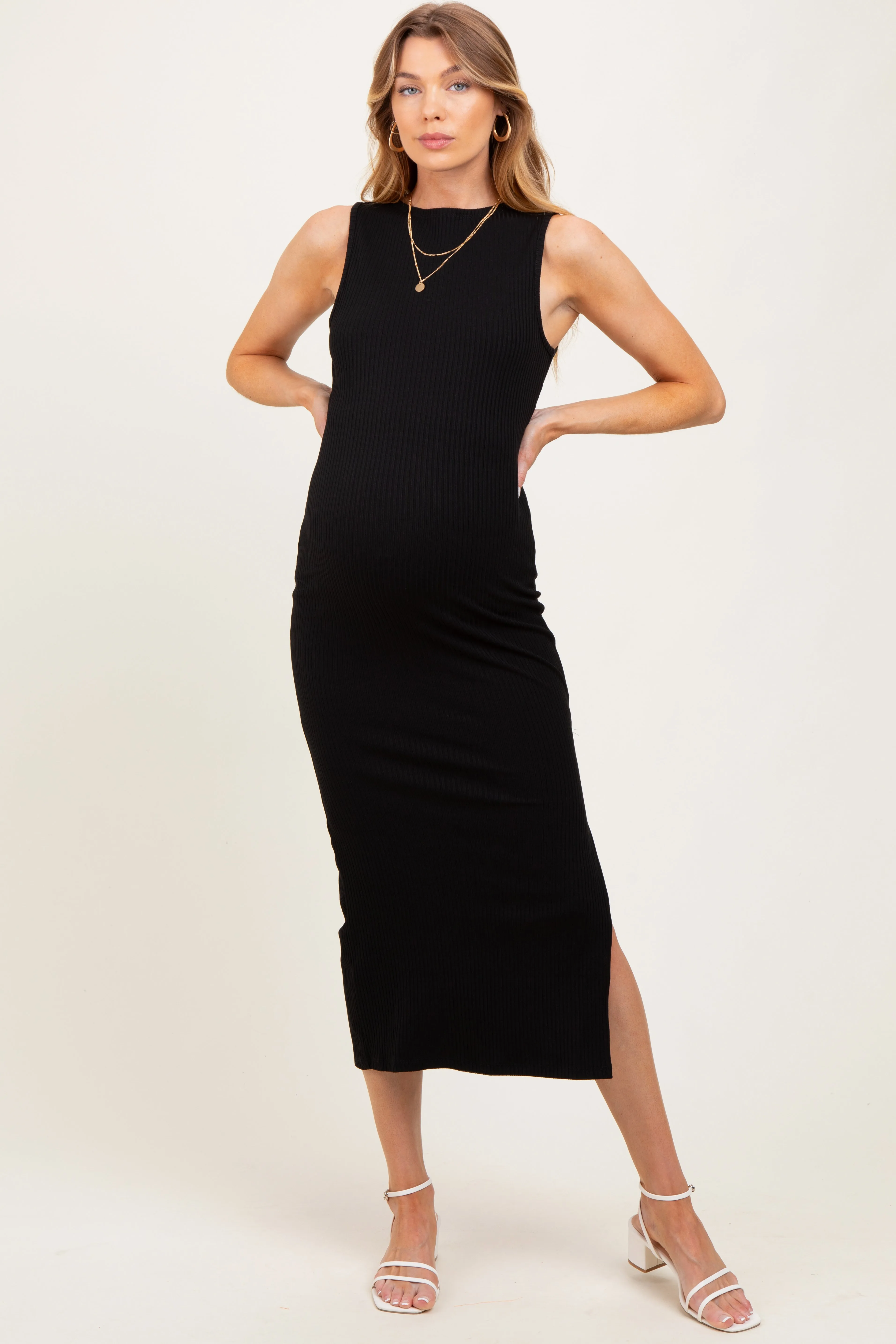 Black Mock Neck Side Slit Maternity Midi Dress sold by Pinkblush product image thumbnail 2