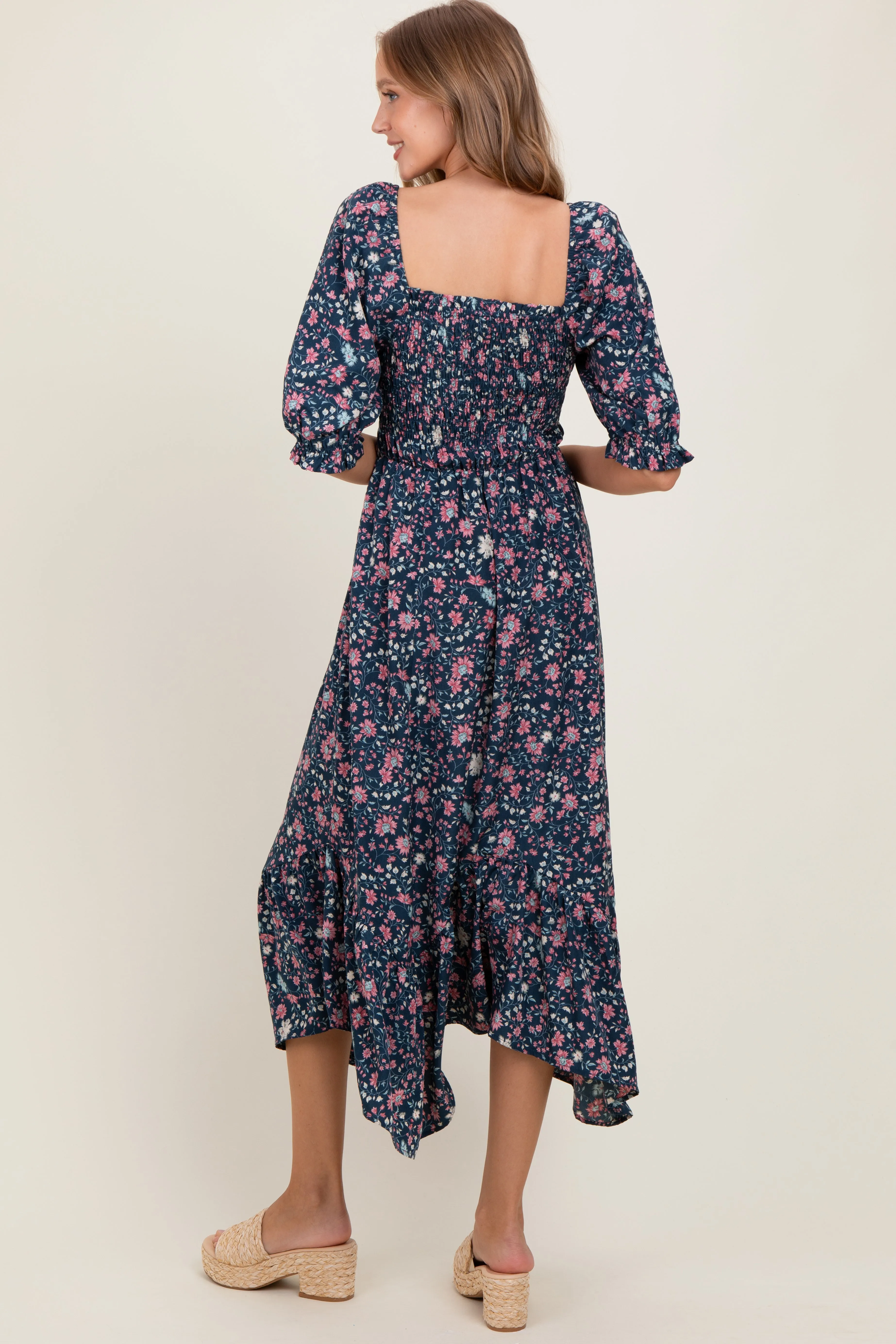 Navy Floral Smocked Handkerchief Hem Maxi Dress sold by Pinkblush product image thumbnail 4