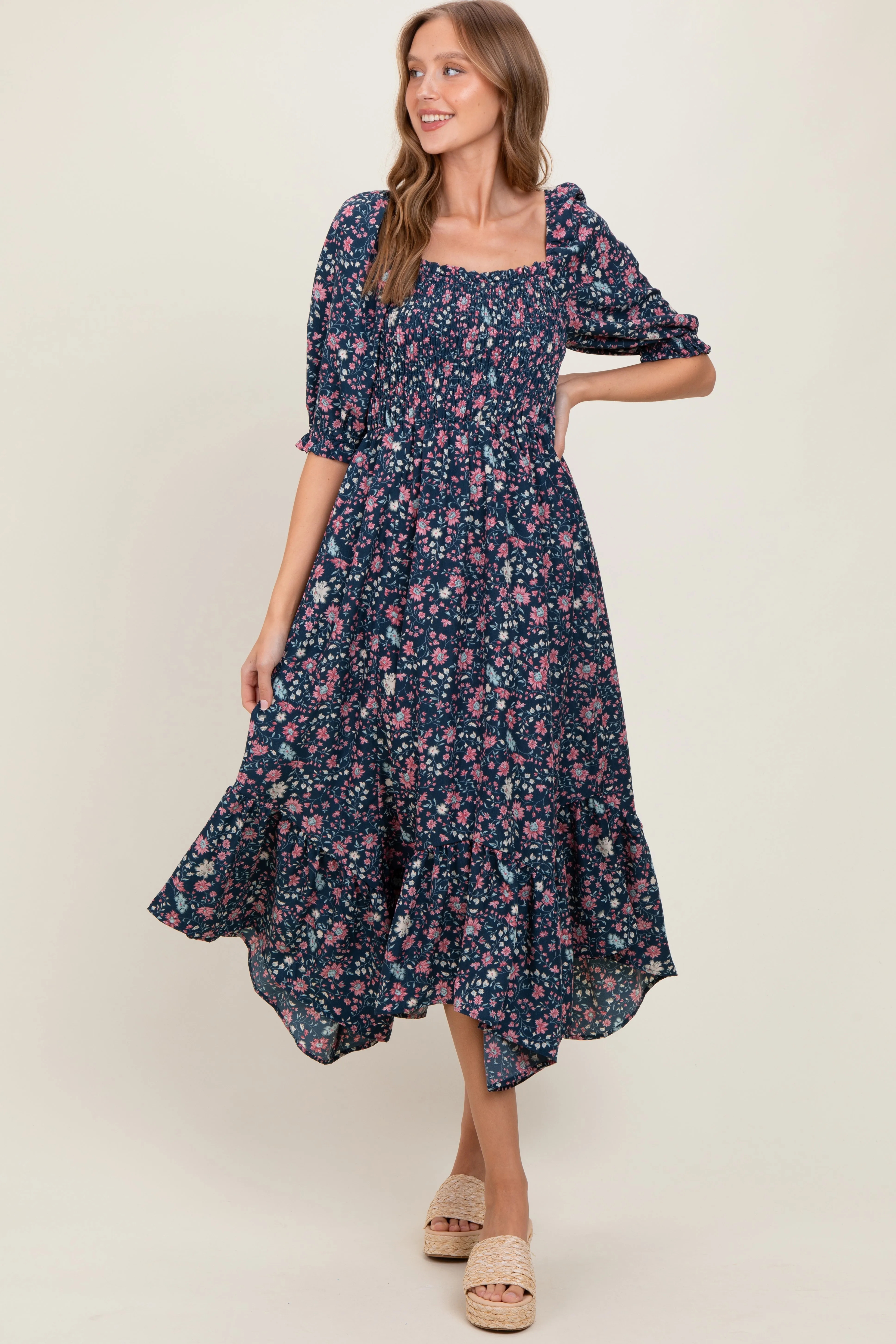 Navy Floral Smocked Handkerchief Hem Maxi Dress sold by Pinkblush