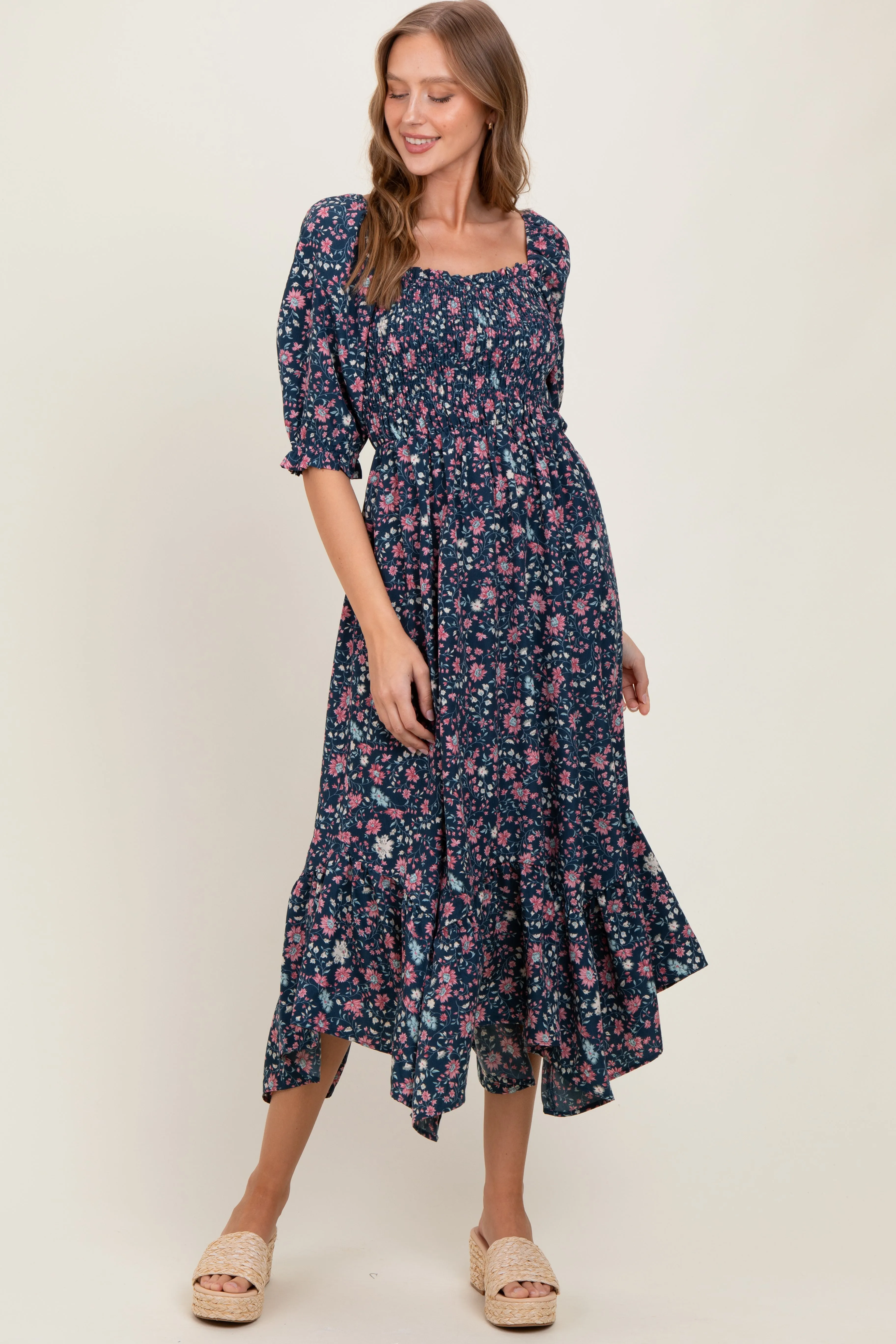 Navy Floral Smocked Handkerchief Hem Maxi Dress sold by Pinkblush product image thumbnail 2