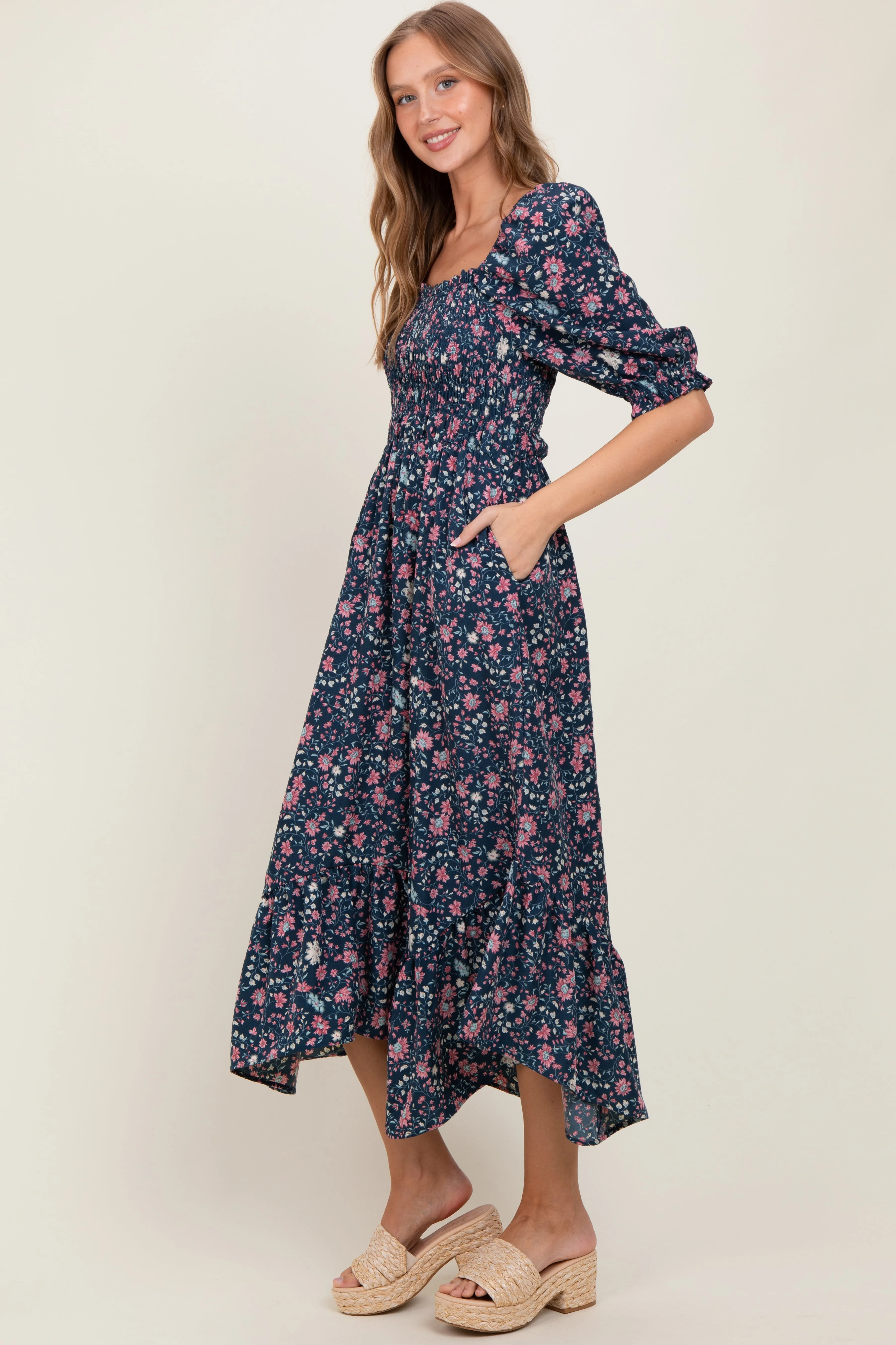Navy Floral Smocked Handkerchief Hem Maxi Dress sold by Pinkblush product image thumbnail 3