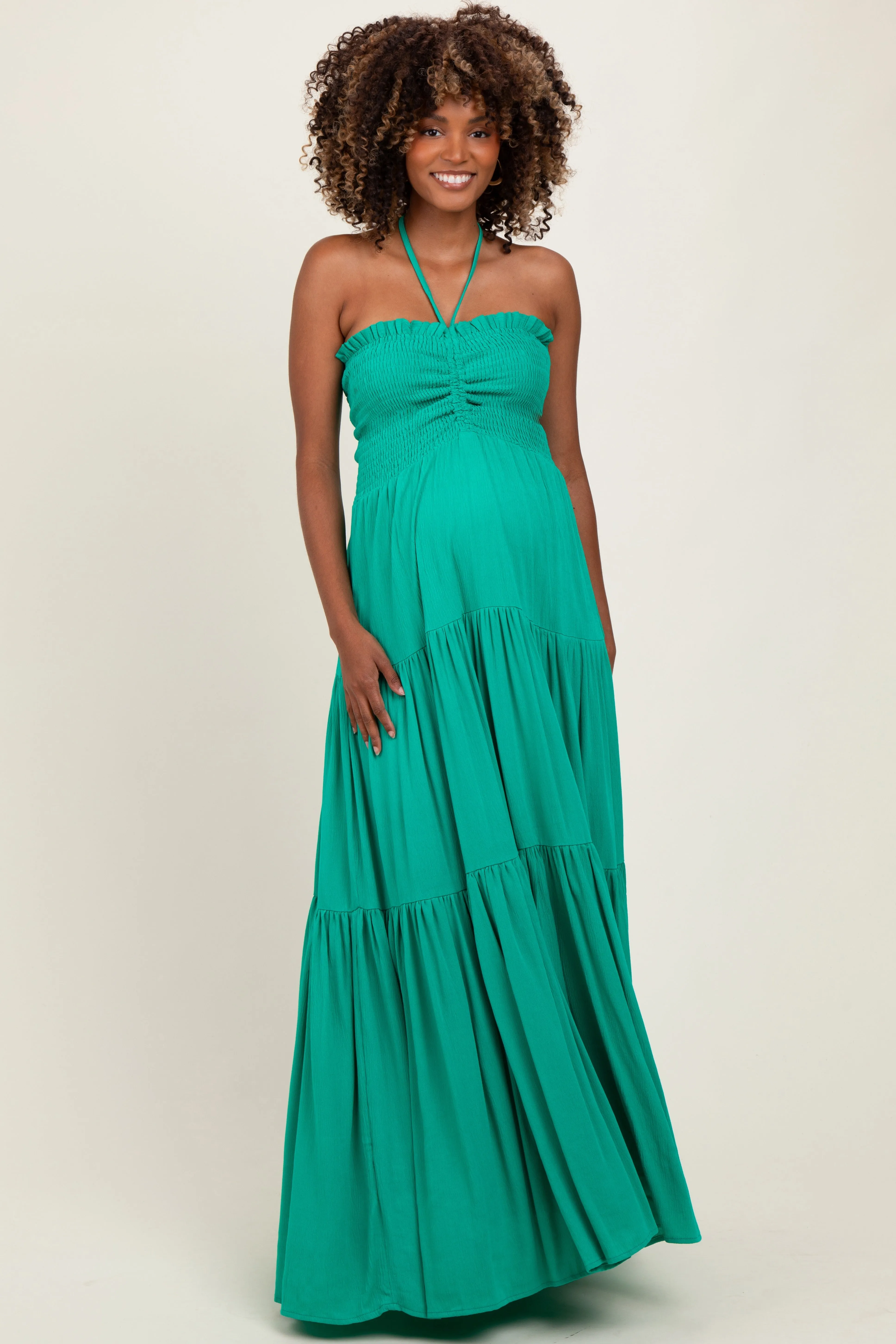 Green Smocked Halter Tiered Maternity Maxi Dress sold by Pinkblush