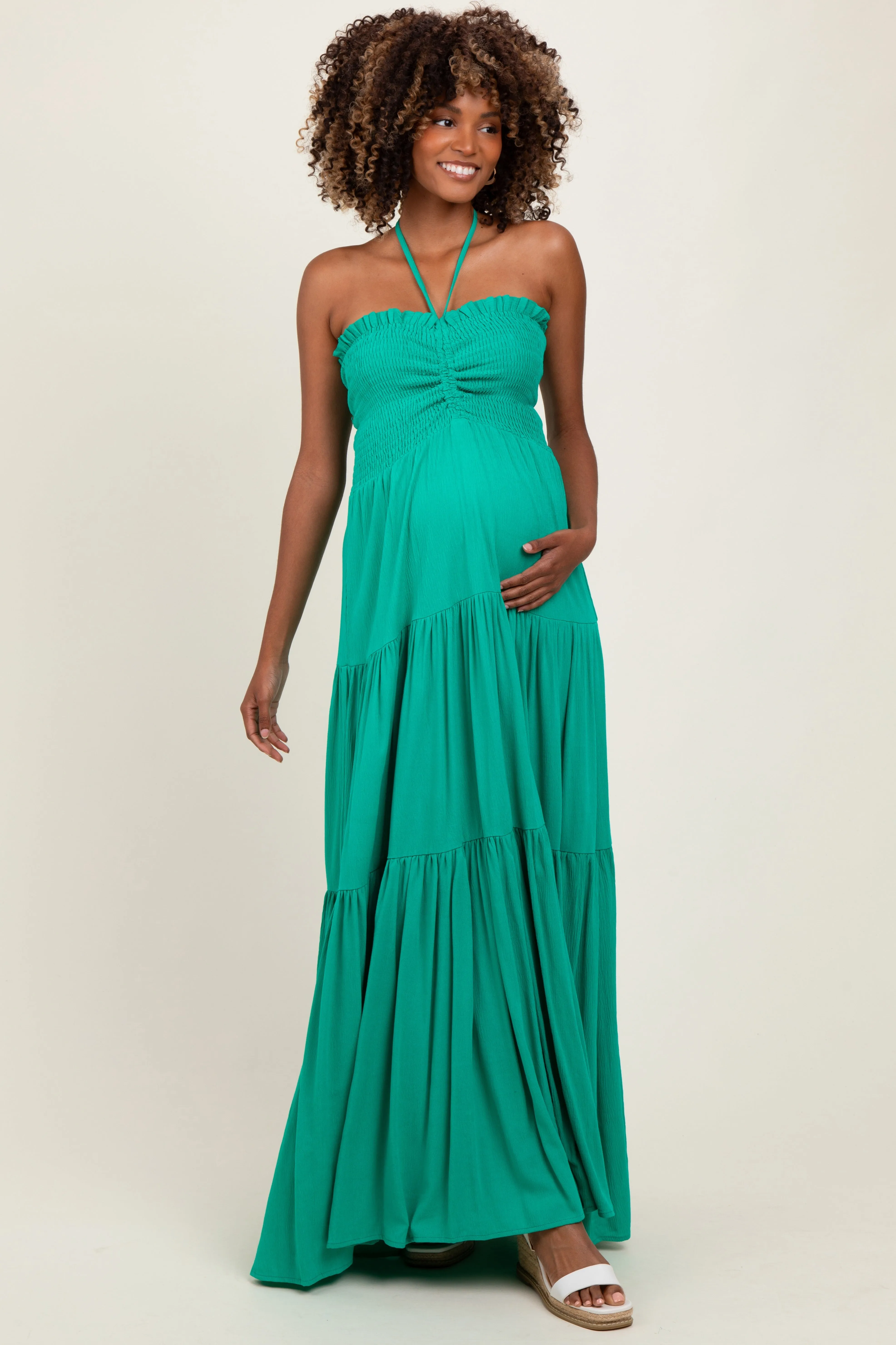 Green Smocked Halter Tiered Maternity Maxi Dress sold by Pinkblush product image thumbnail 2