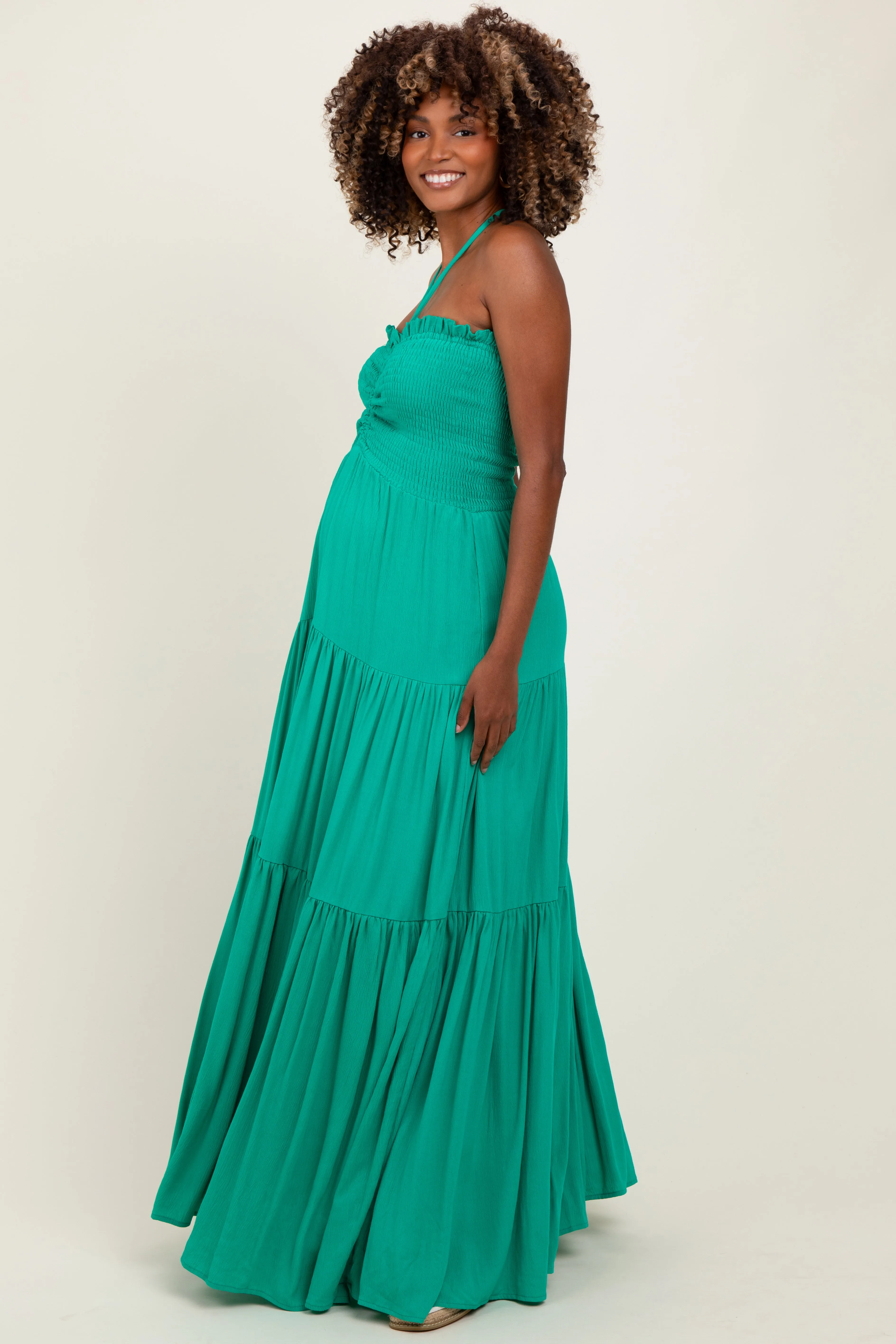 Green Smocked Halter Tiered Maternity Maxi Dress sold by Pinkblush product image thumbnail 3