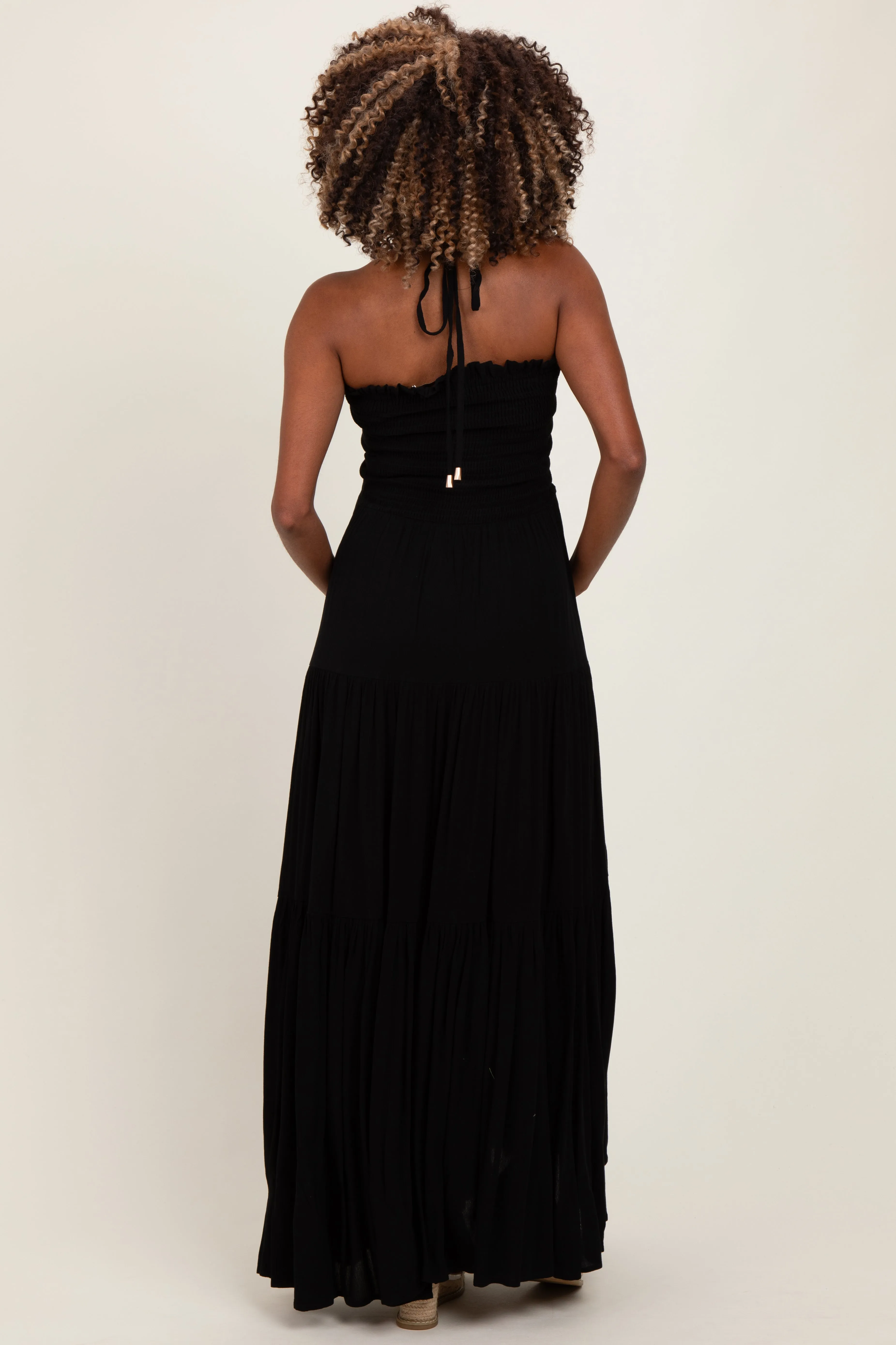 Black Smocked Halter Tiered Maternity Maxi Dress sold by Pinkblush product image thumbnail 4