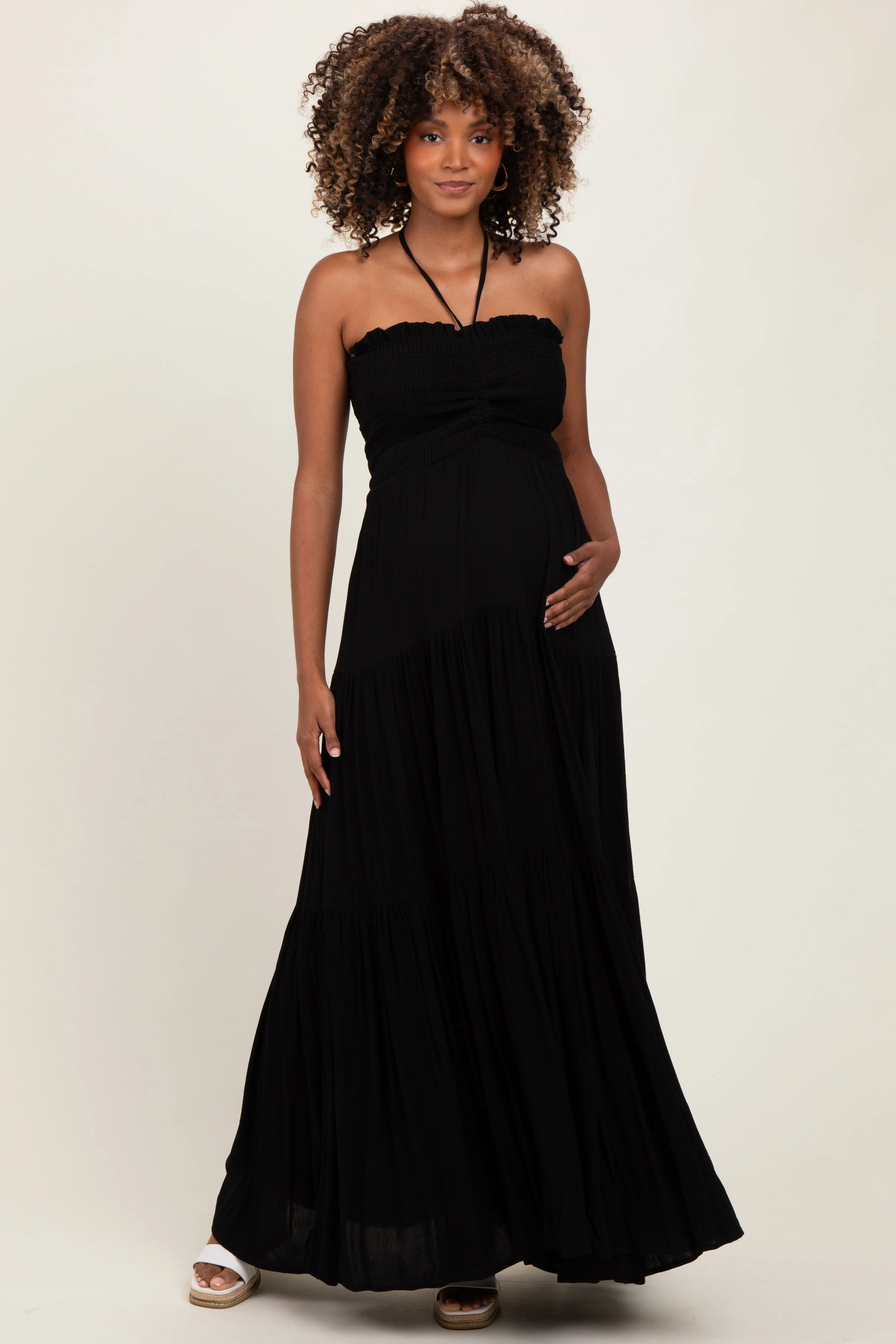 Black Smocked Halter Tiered Maternity Maxi Dress sold by Pinkblush