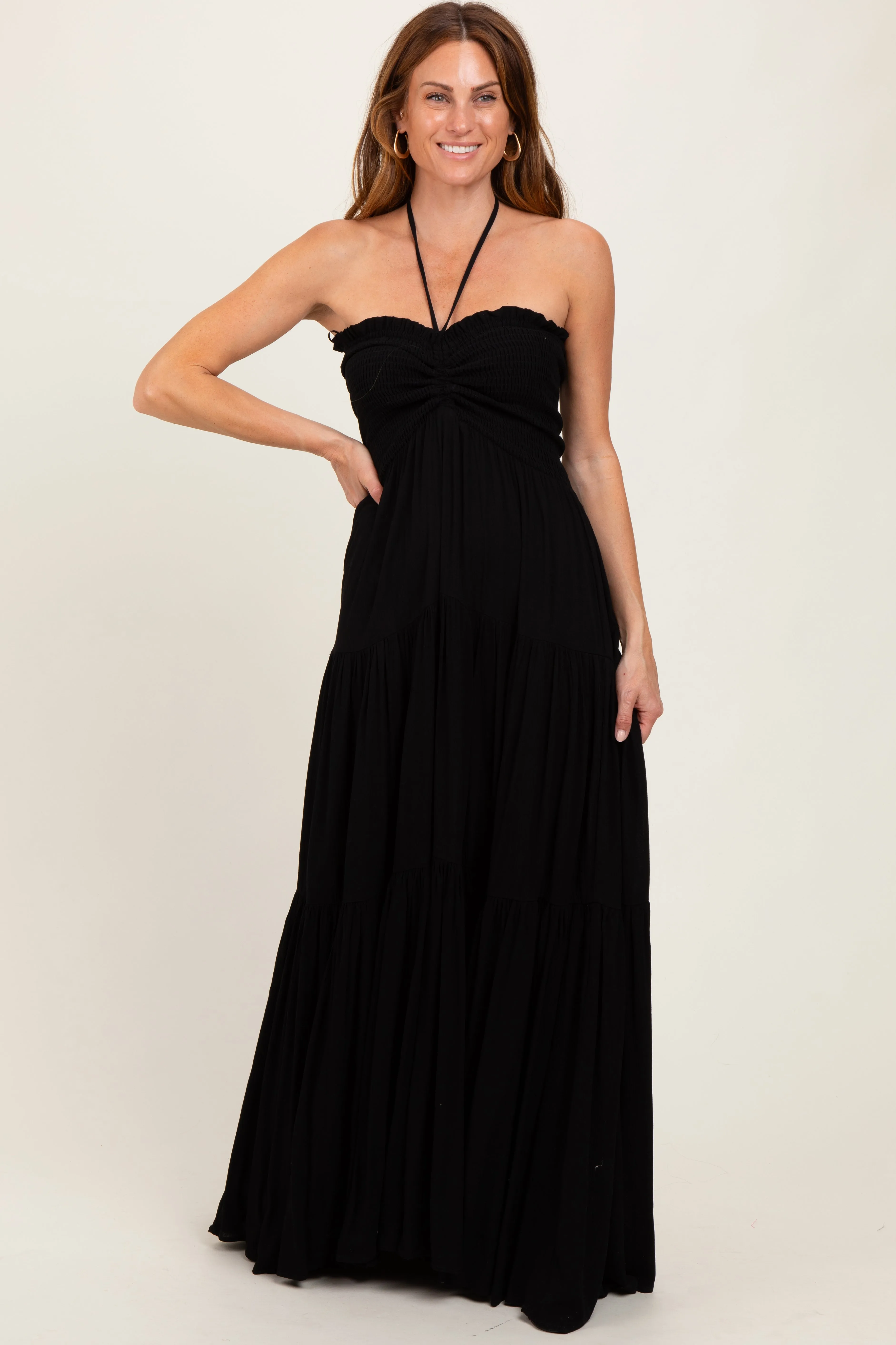 Black Smocked Halter Tiered Maternity Maxi Dress sold by Pinkblush product image thumbnail 5
