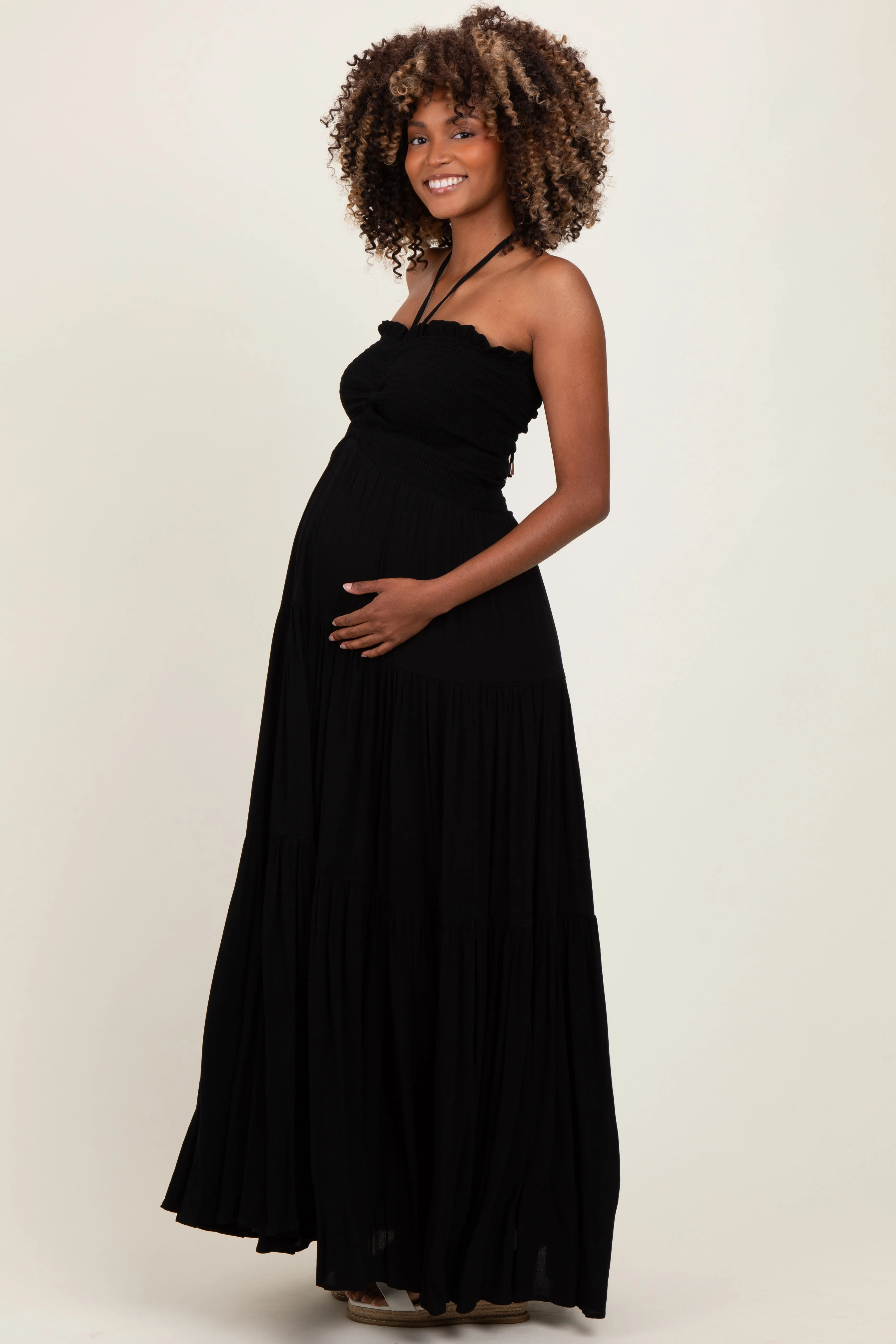 Black Smocked Halter Tiered Maternity Maxi Dress sold by Pinkblush product image thumbnail 3