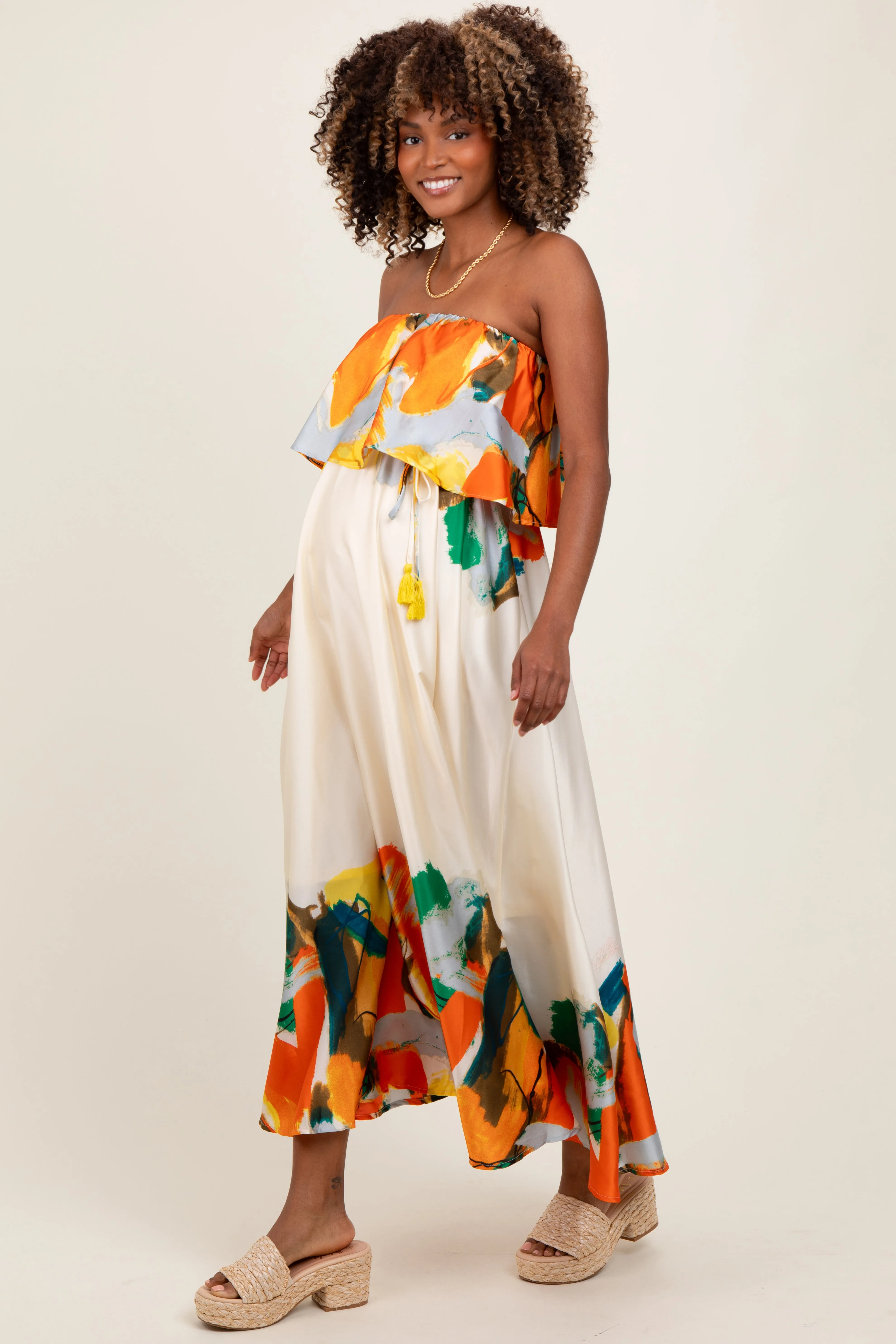 Orange Abstrast Print Strapless Flounce Maternity Maxi Dress sold by Pinkblush