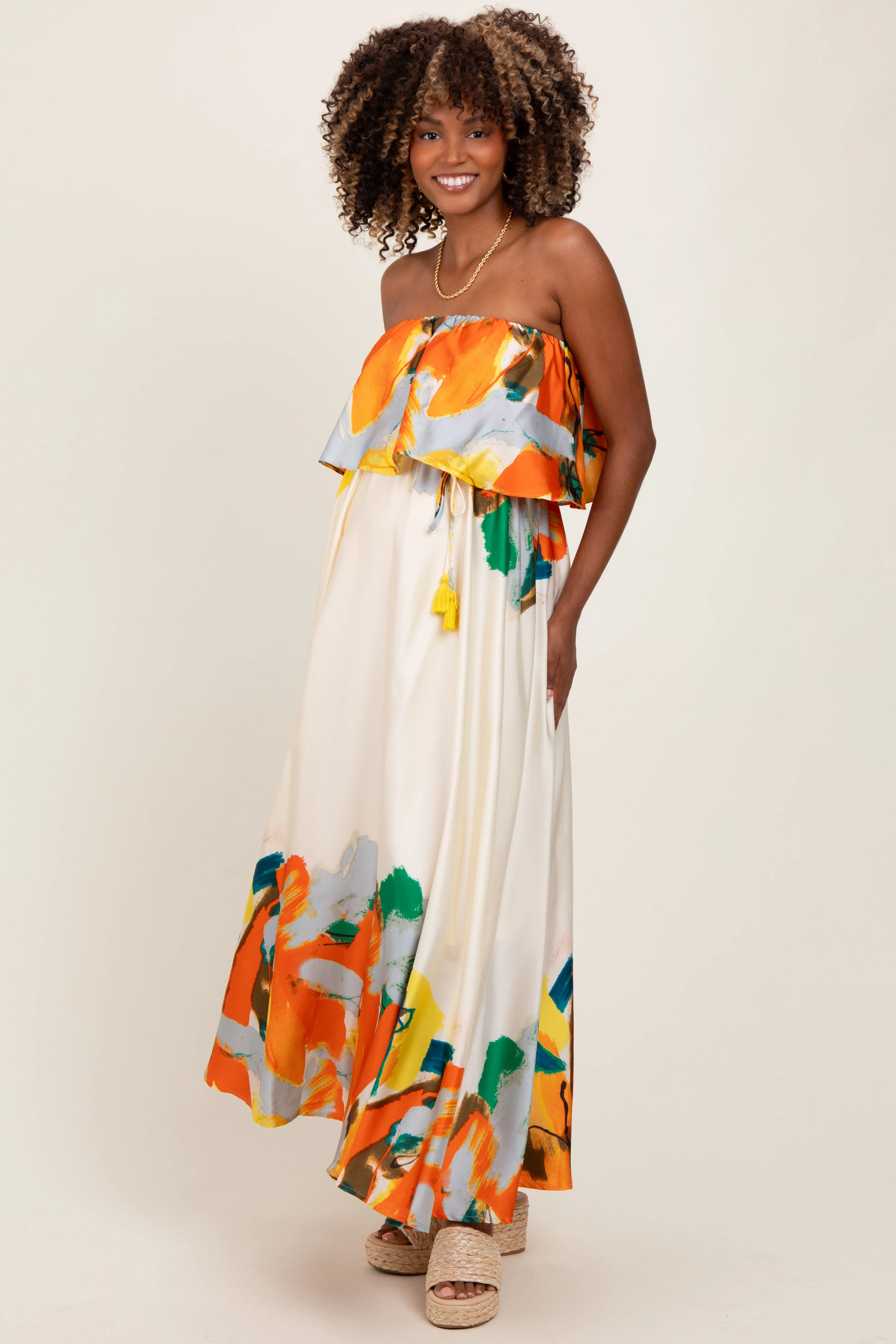Orange Abstrast Print Strapless Flounce Maternity Maxi Dress sold by Pinkblush product image thumbnail 2