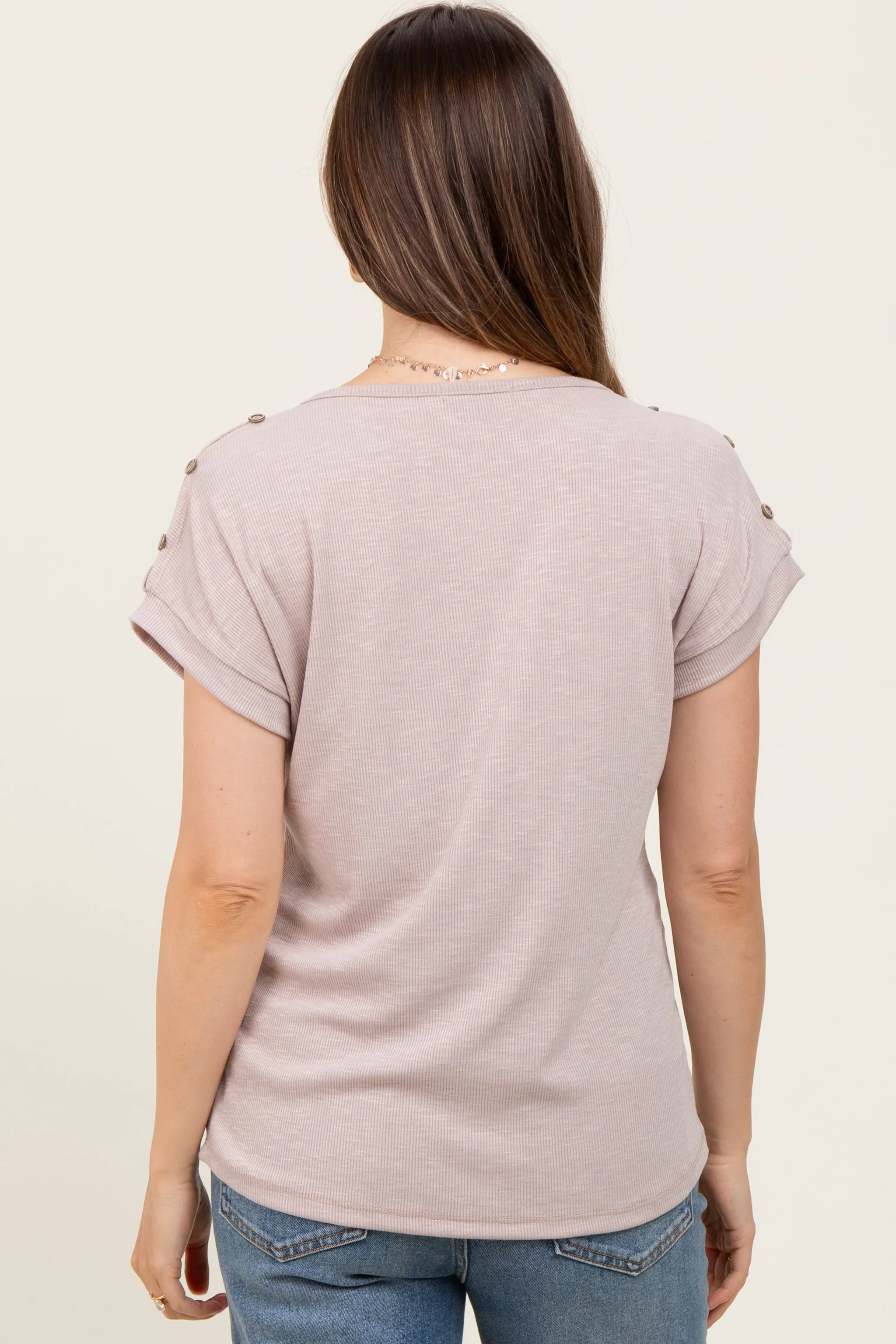 Taupe Button Shoulder Detail Maternity Short Sleeve Top sold by Pinkblush product image thumbnail 4