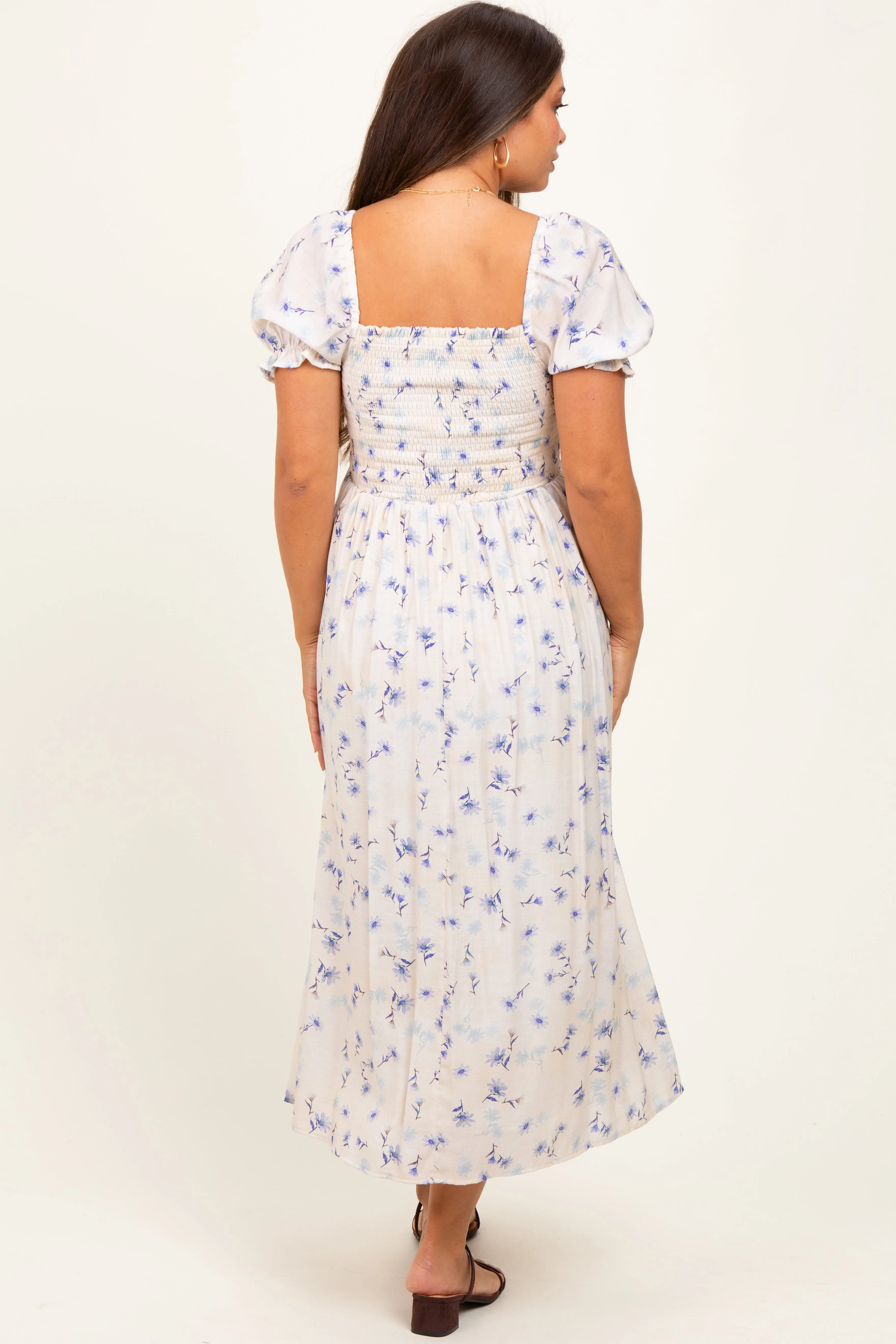 Blue Floral Printed Puff Sleeve Maternity Midi Dress sold by Pinkblush product image thumbnail 3