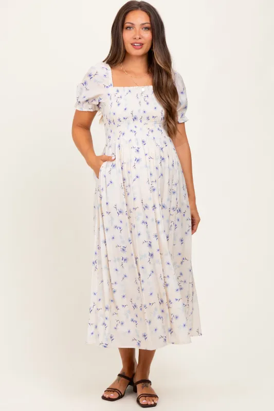 Blue Floral Printed Puff Sleeve Maternity Midi Dress sold by Pinkblush