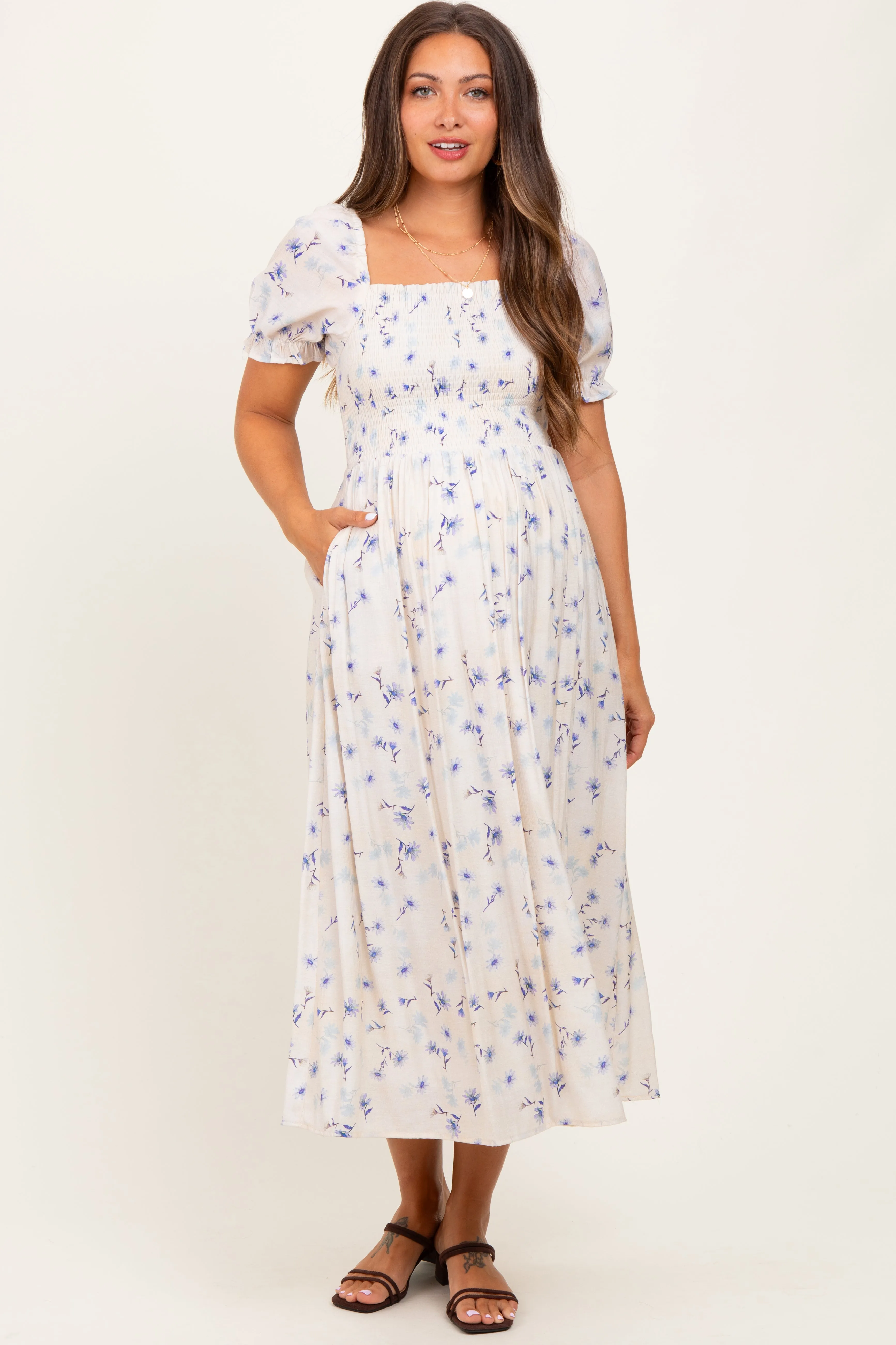 Blue Floral Printed Puff Sleeve Maternity Midi Dress sold by Pinkblush