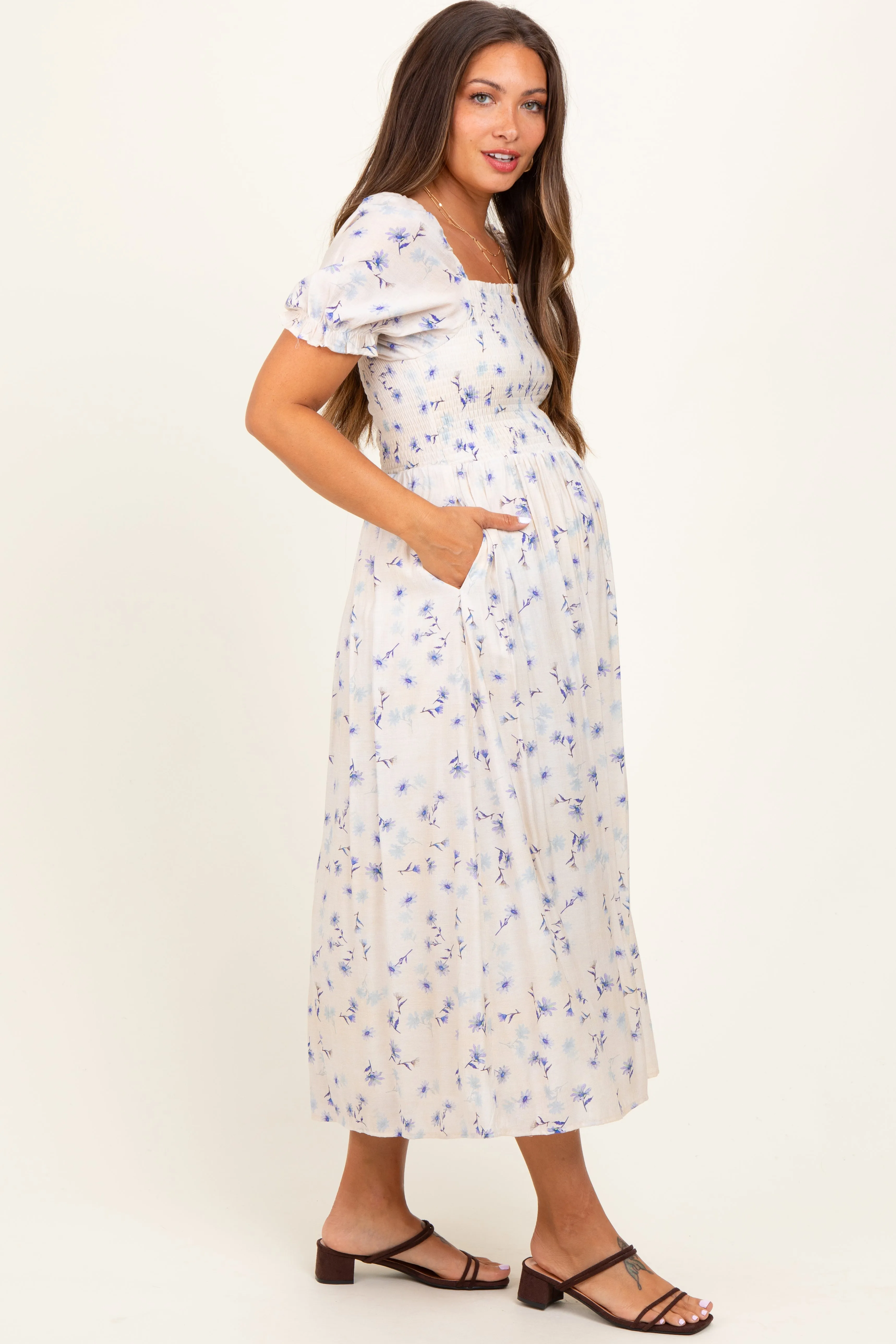 Blue Floral Printed Puff Sleeve Maternity Midi Dress sold by Pinkblush product image thumbnail 2