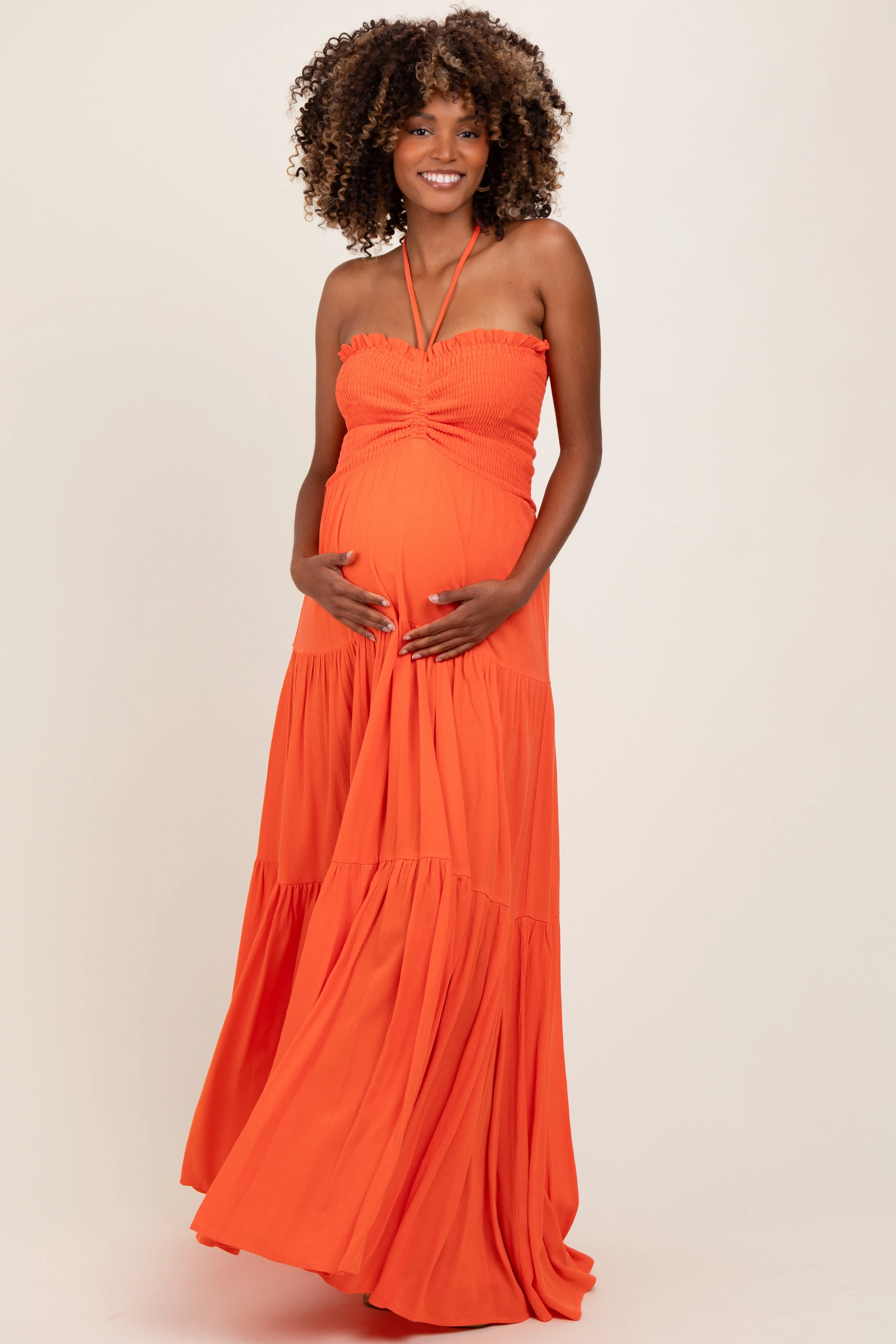 Orange Smocked Halter Tiered Maternity Maxi Dress sold by Pinkblush product image thumbnail 2