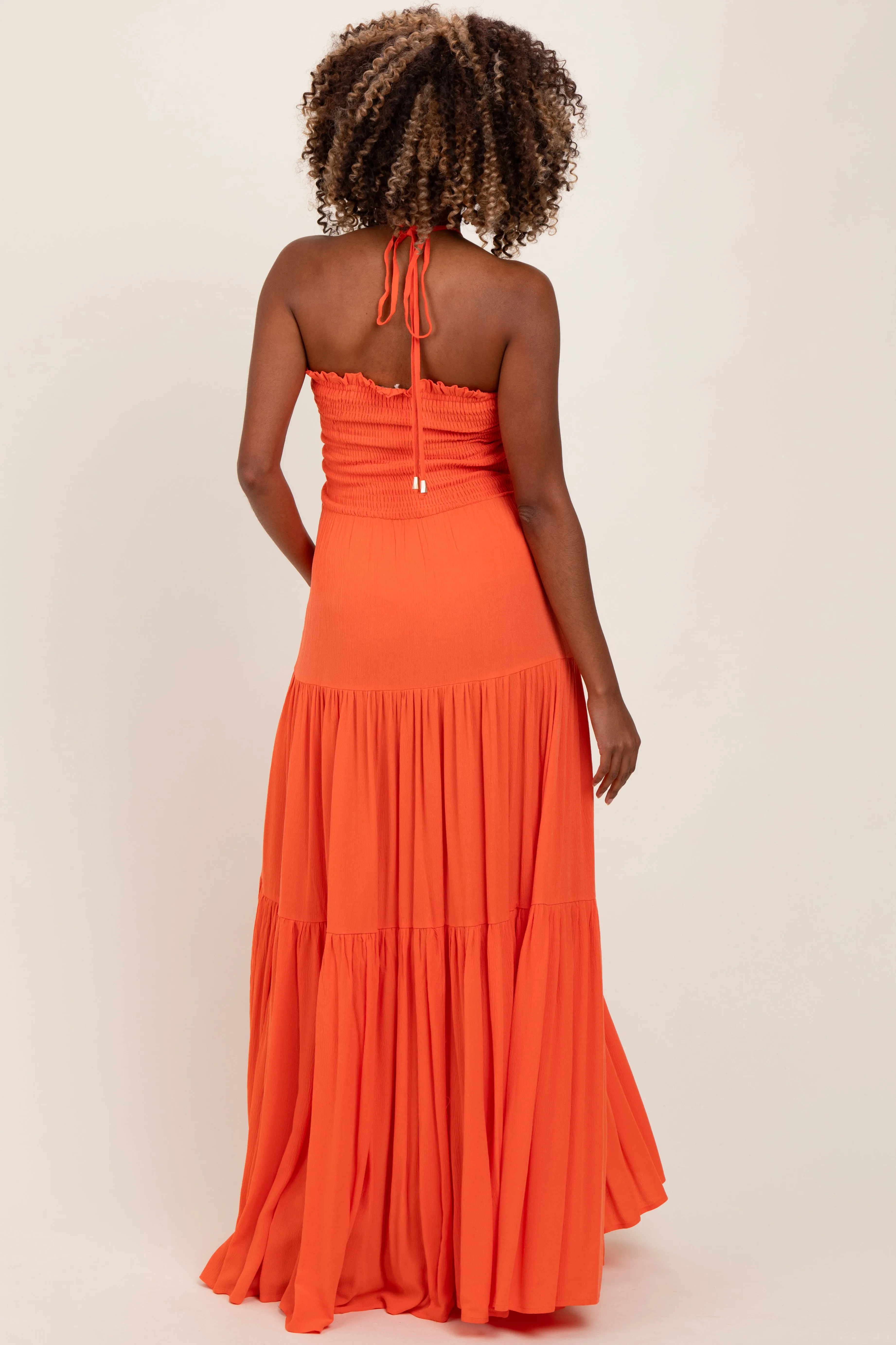 Orange Smocked Halter Tiered Maternity Maxi Dress sold by Pinkblush product image thumbnail 3