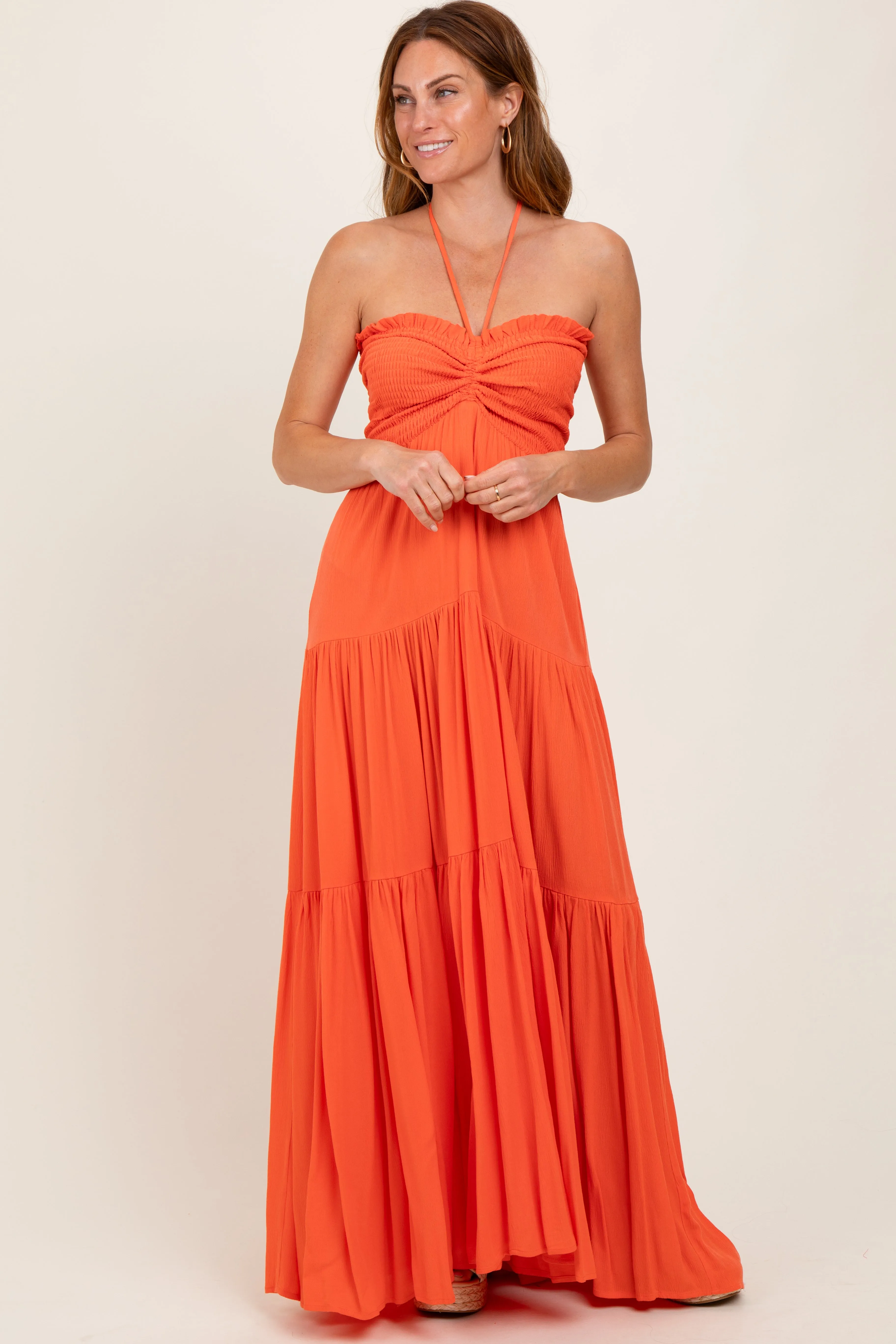 Orange Smocked Halter Tiered Maternity Maxi Dress sold by Pinkblush product image thumbnail 4