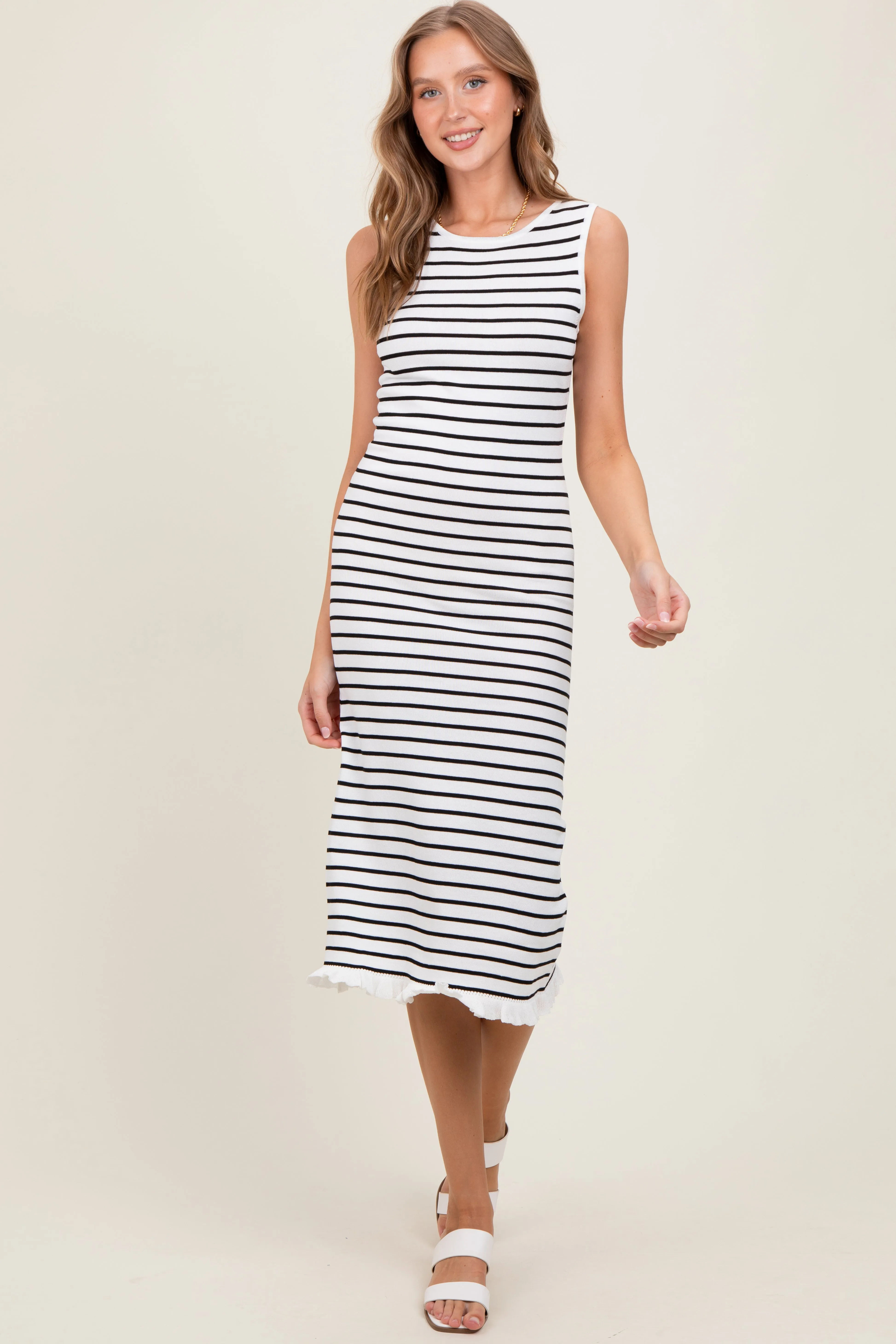 White Striped Knit Sleeveless Ruffle Hem Maternity Midi Dress sold by Pinkblush product image thumbnail 5