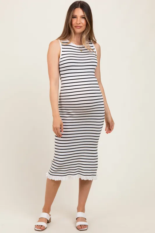 White Striped Knit Sleeveless Ruffle Hem Maternity Midi Dress sold by Pinkblush
