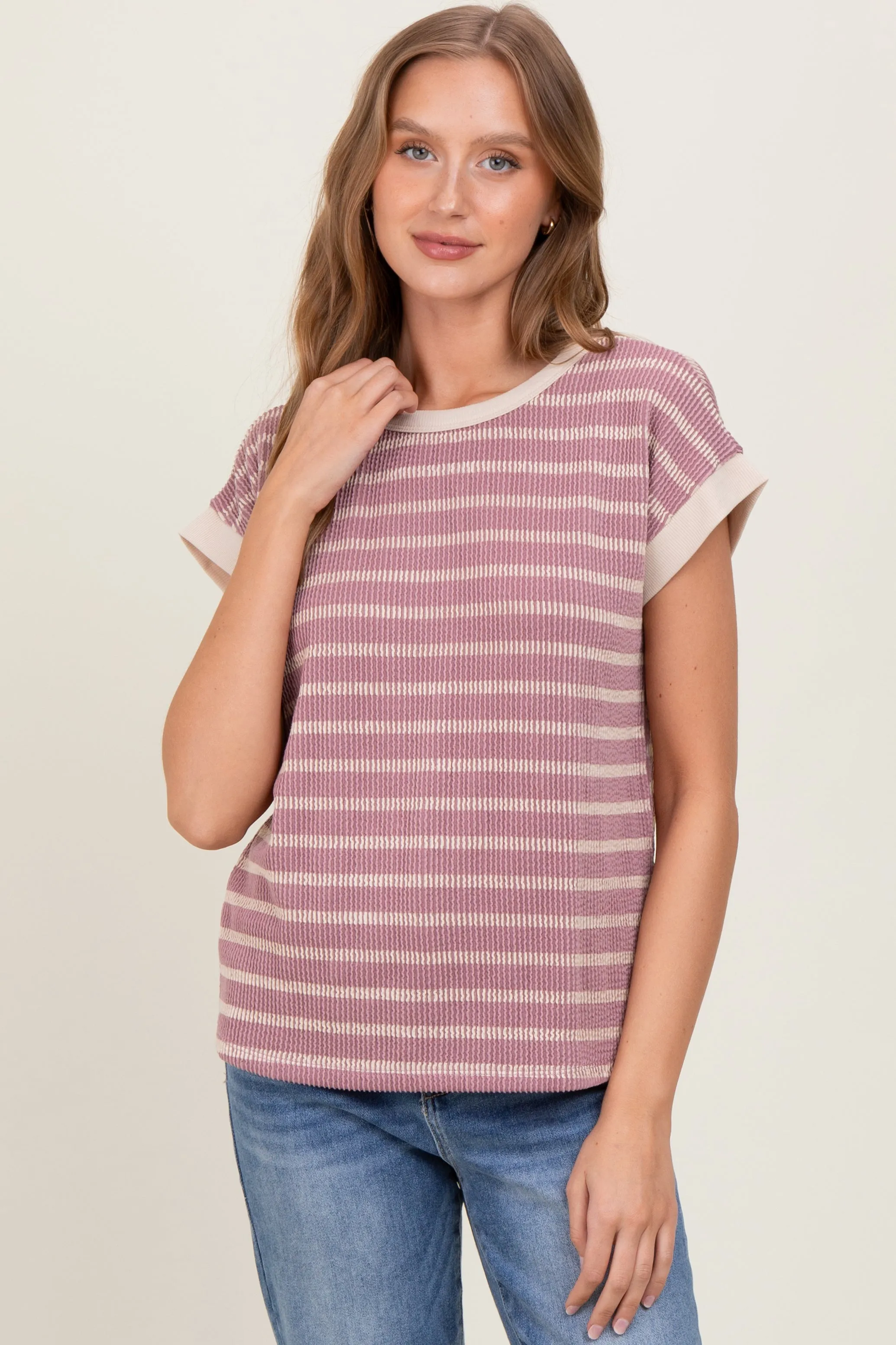 Mauve Textured Striped Short Sleeve Top sold by Pinkblush product image thumbnail 2