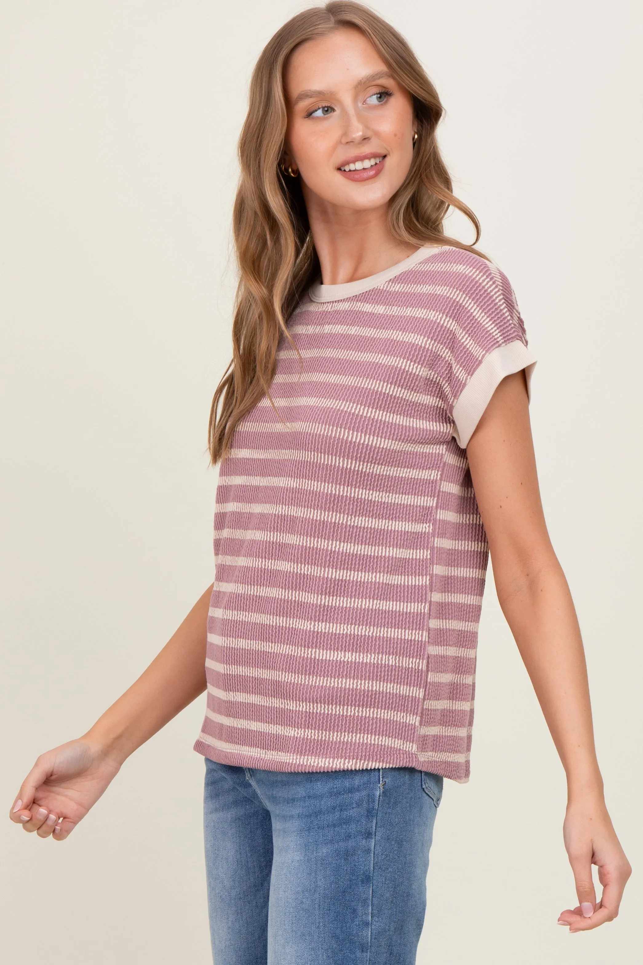 Mauve Textured Striped Short Sleeve Top sold by Pinkblush product image thumbnail 3