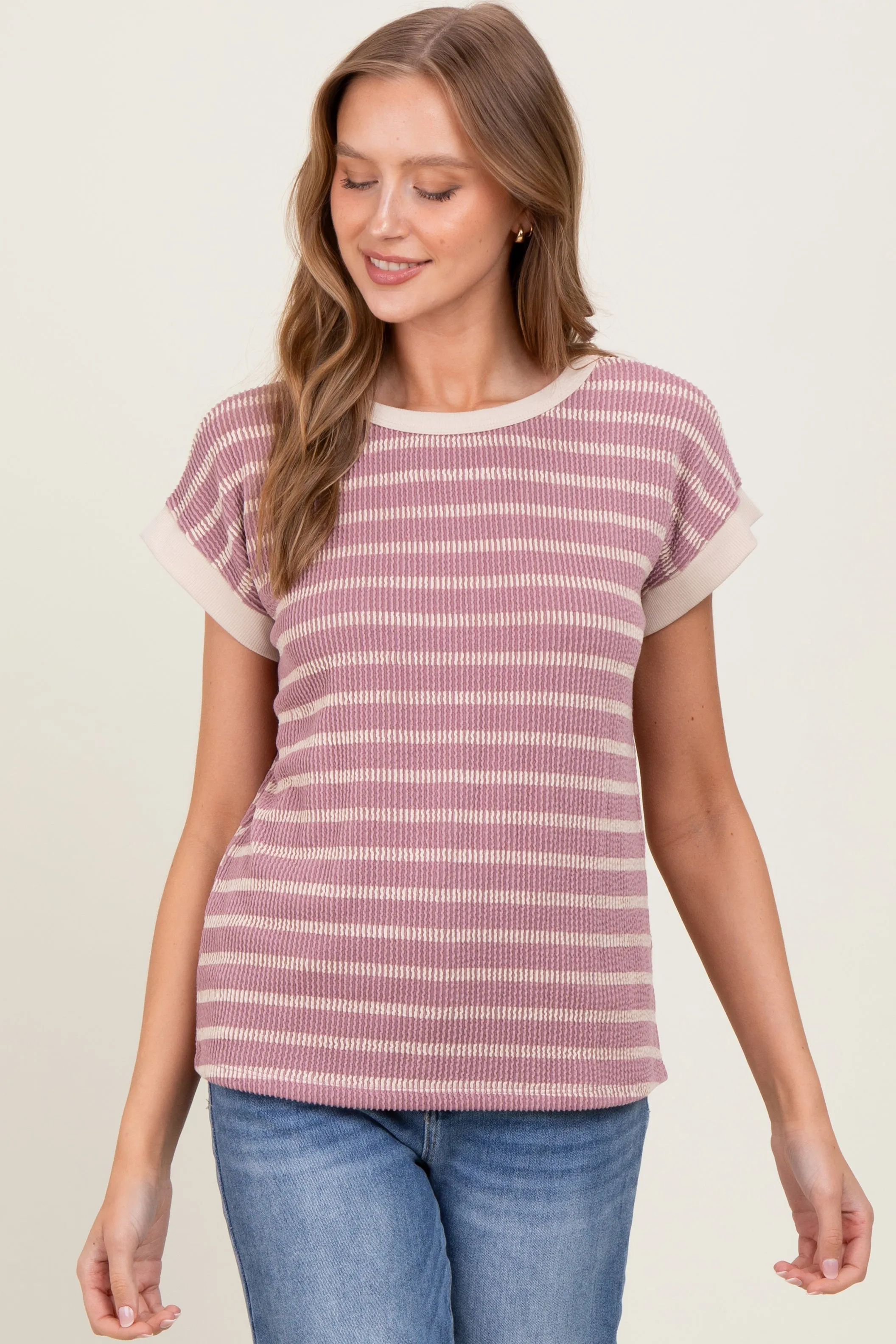 Mauve Textured Striped Short Sleeve Top sold by Pinkblush