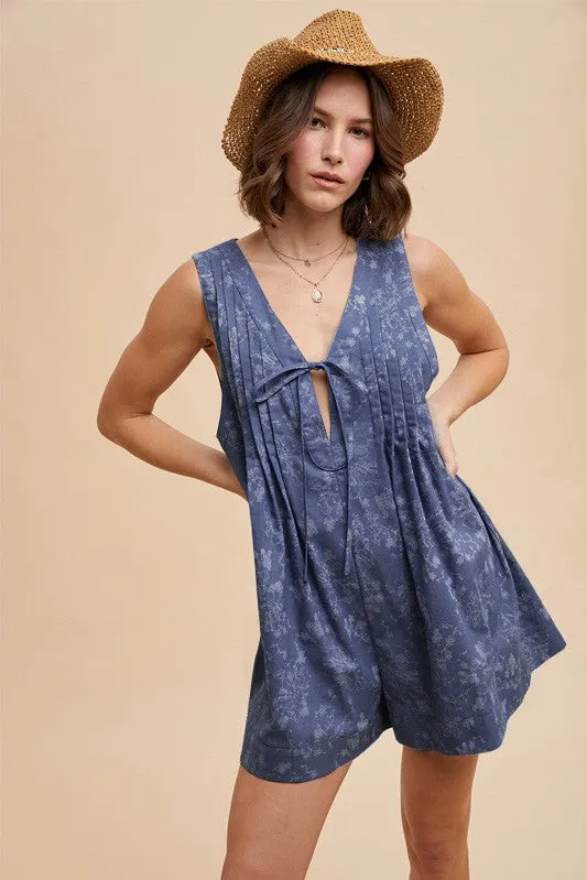 Navy Blue Floral Chambray Pleat Front Romper sold by Pinkblush