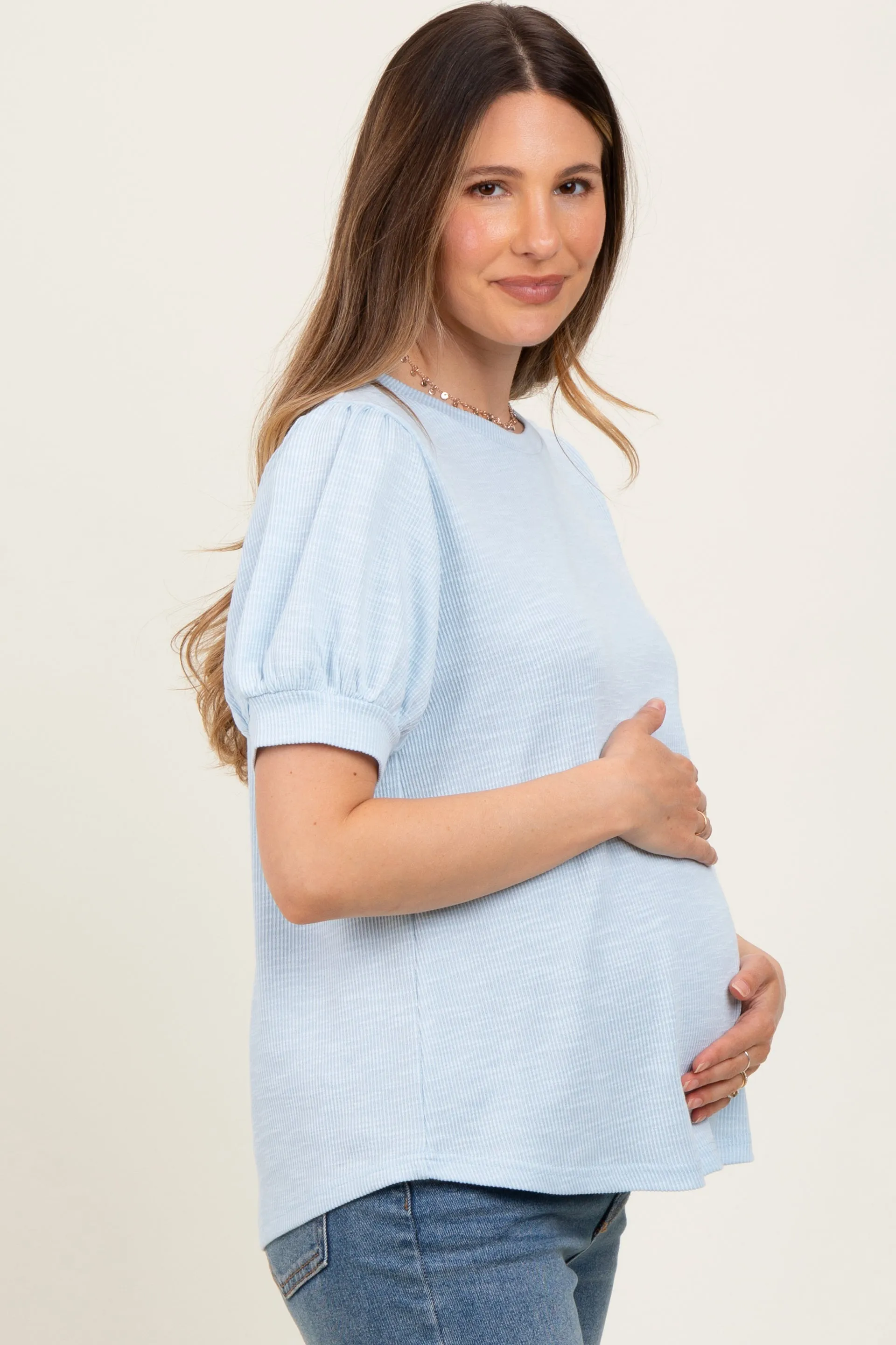 Light Blue Ribbed Puffed Sleeve Maternity Top sold by Pinkblush product image thumbnail 3