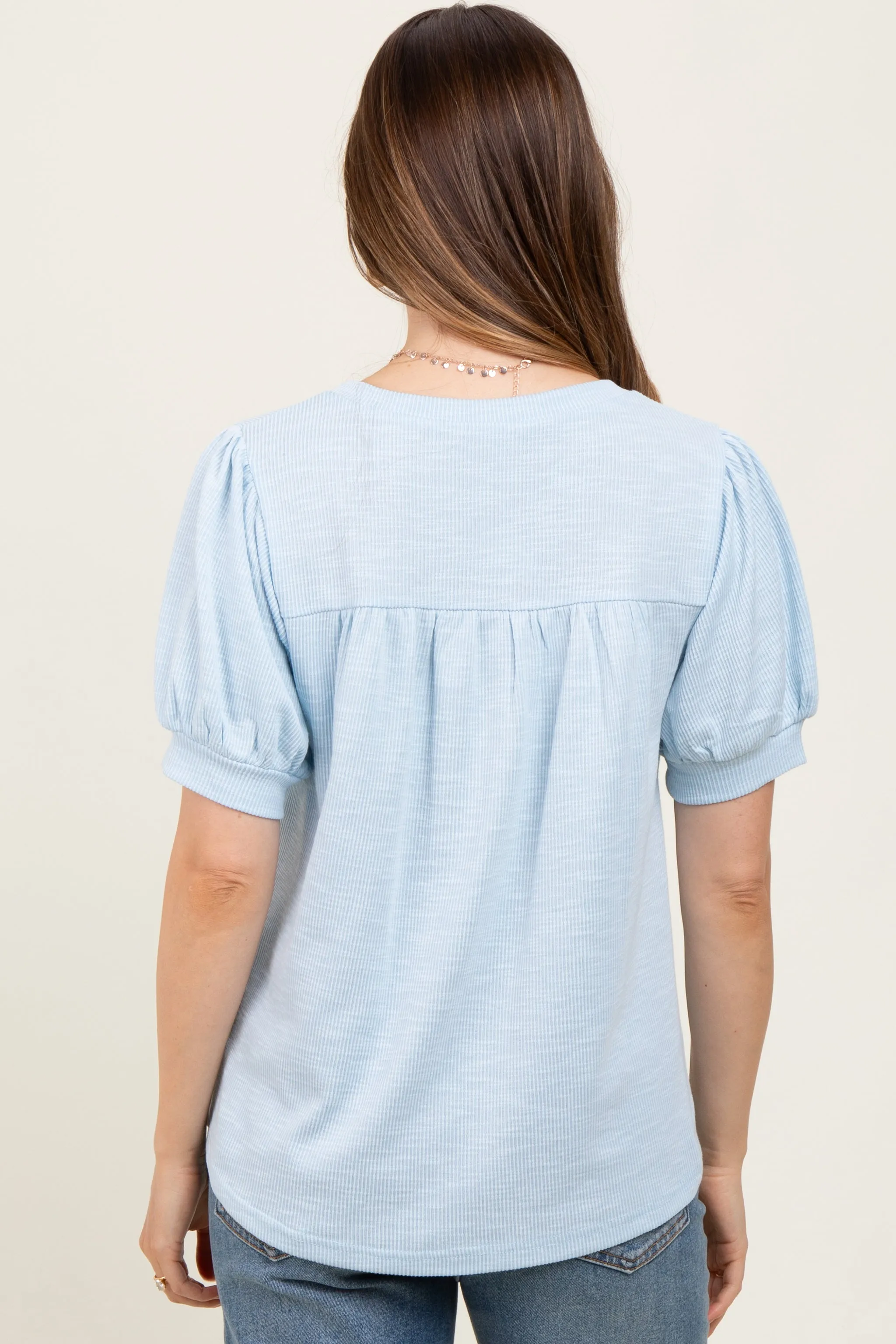 Light Blue Ribbed Puffed Sleeve Maternity Top sold by Pinkblush product image thumbnail 4
