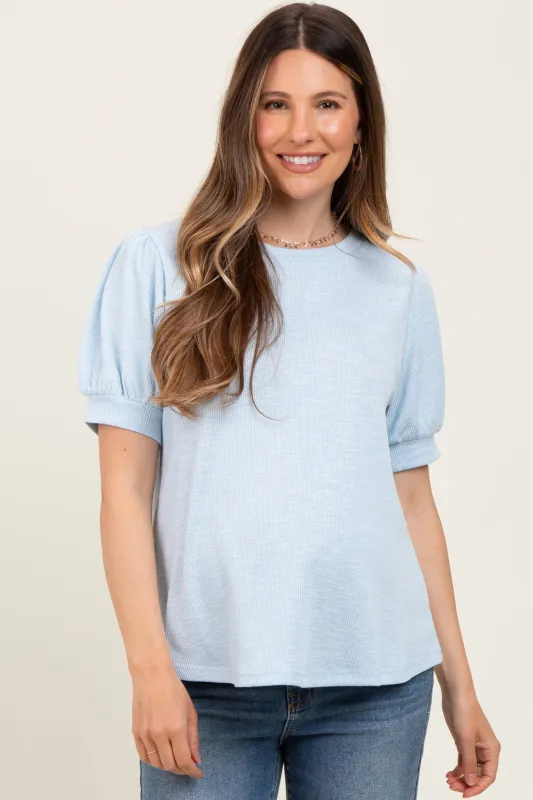 Light Blue Ribbed Puffed Sleeve Maternity Top sold by Pinkblush