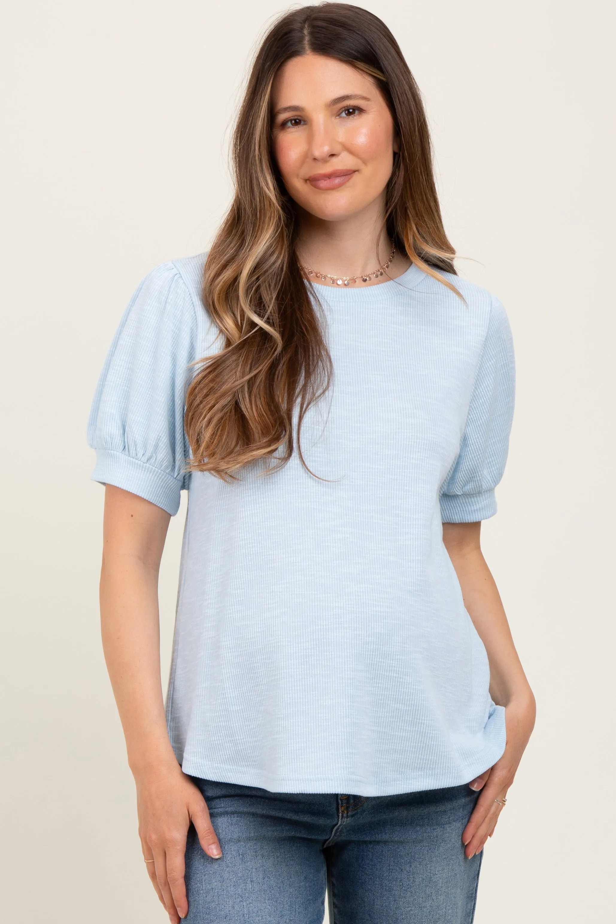 Light Blue Ribbed Puffed Sleeve Maternity Top sold by Pinkblush product image thumbnail 2