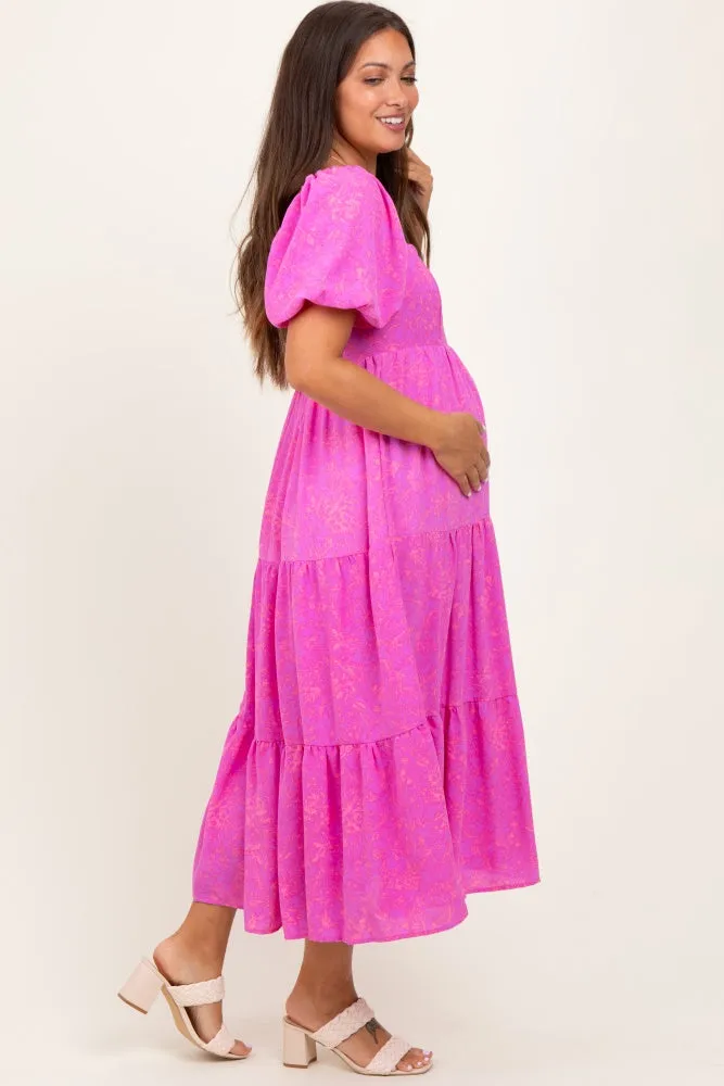 Pink Printed Puff Sleeve Tiered Maternity Midi Dress sold by Pinkblush product image thumbnail 3